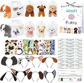 33Pcs Adopt A Puppy Party Favors, Mini Plush Stuffed Animals Set Includes 8 Mini Dogs, 8 Foldable Puppy Boxes, 8 Headbands, DIY Stickers, 1 Adopt Sign for Adopt a Pet Party Supplies Gifts