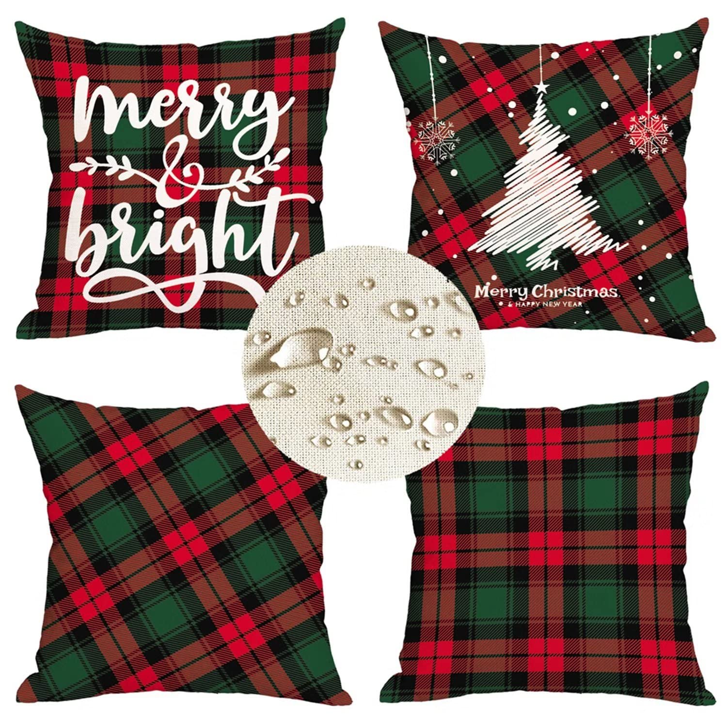 Kissenbezug 60x60cm 4er Set Rot-Grün-Weihnachten Deko Kissen Kissenhülle, Beidseitiger Druck Leinen Dekokissen, Outdoor wasserdichte Kissenbezüge groß Sofakissen, deko Schlafzimmer wohnzimmer Sofa D41