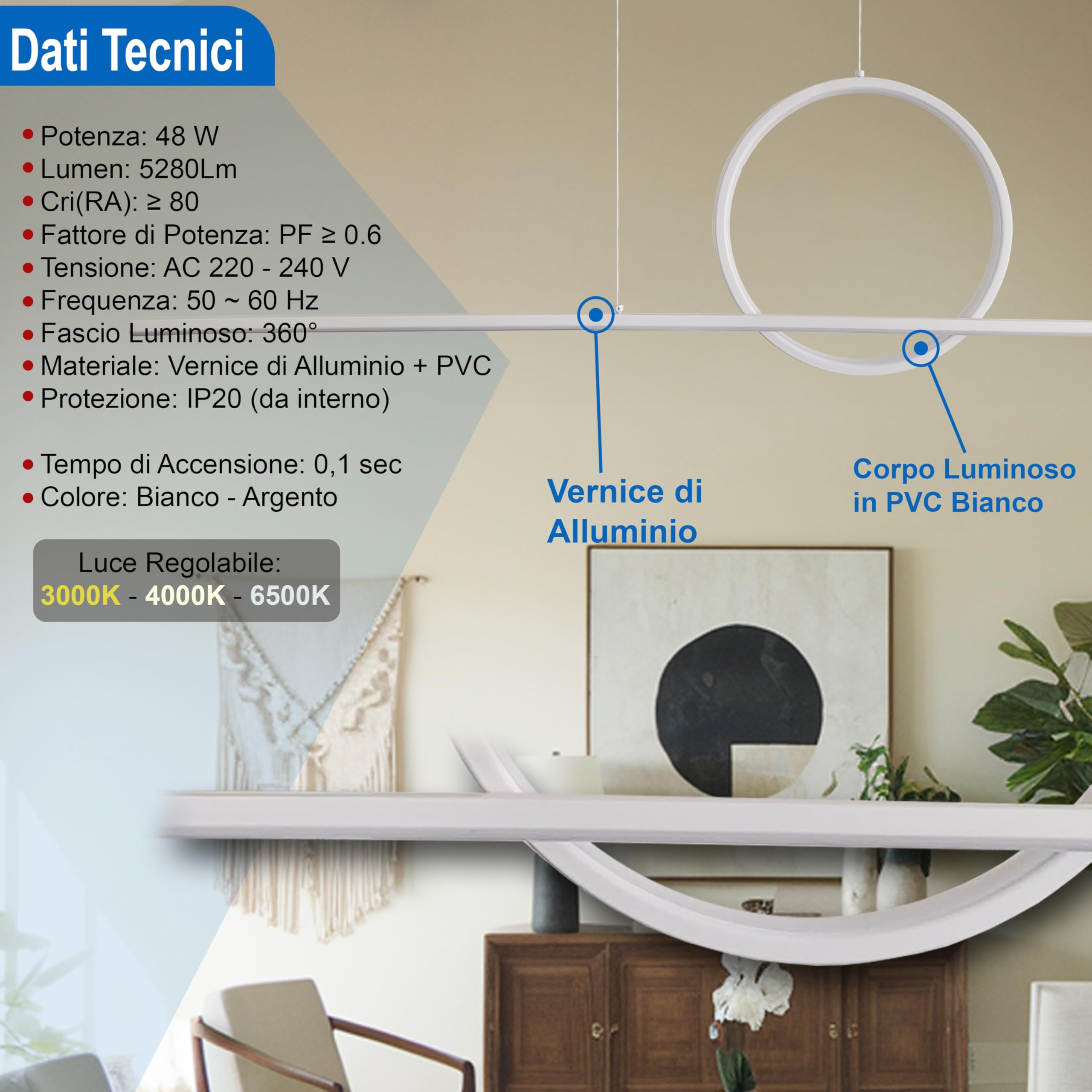 MAKA Lampadario a Sospensione LED Soggiorno, Lampada Cambio Temperatura Luce Calda-Naturale-Fredda, Design Forme Geometriche, 48 Watt 5280 Lumen, 220 Volt, Lampadario Camera da Letto (Cerchio)