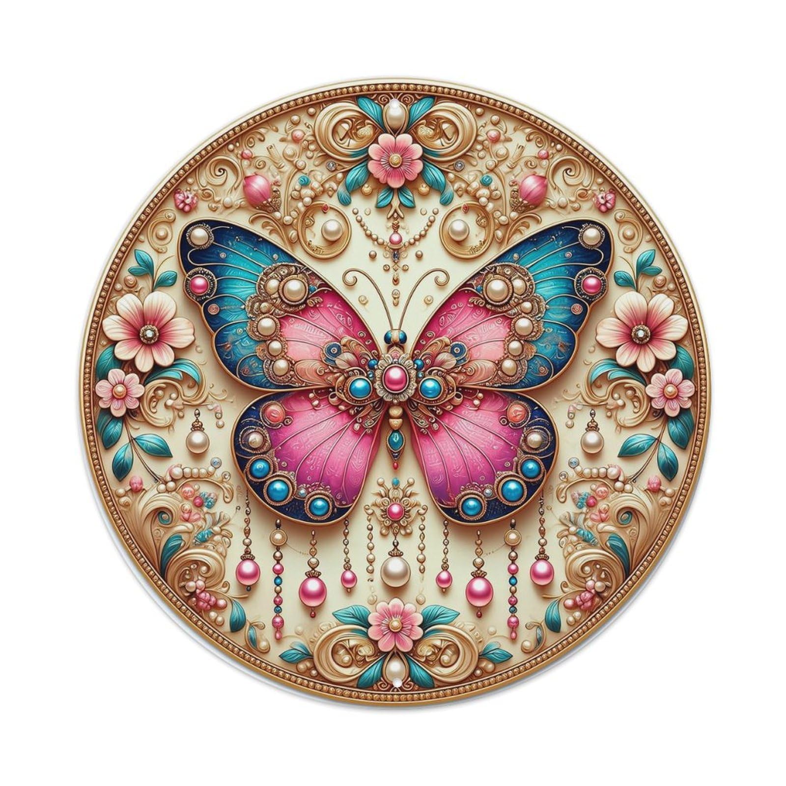 Butterfly Floral Ornate Jewelry Design Round Metal Tin Sign Vintage Wall Decor, Bar Garage Cafe Kitchen Home Wall Art Poster 8x8inches