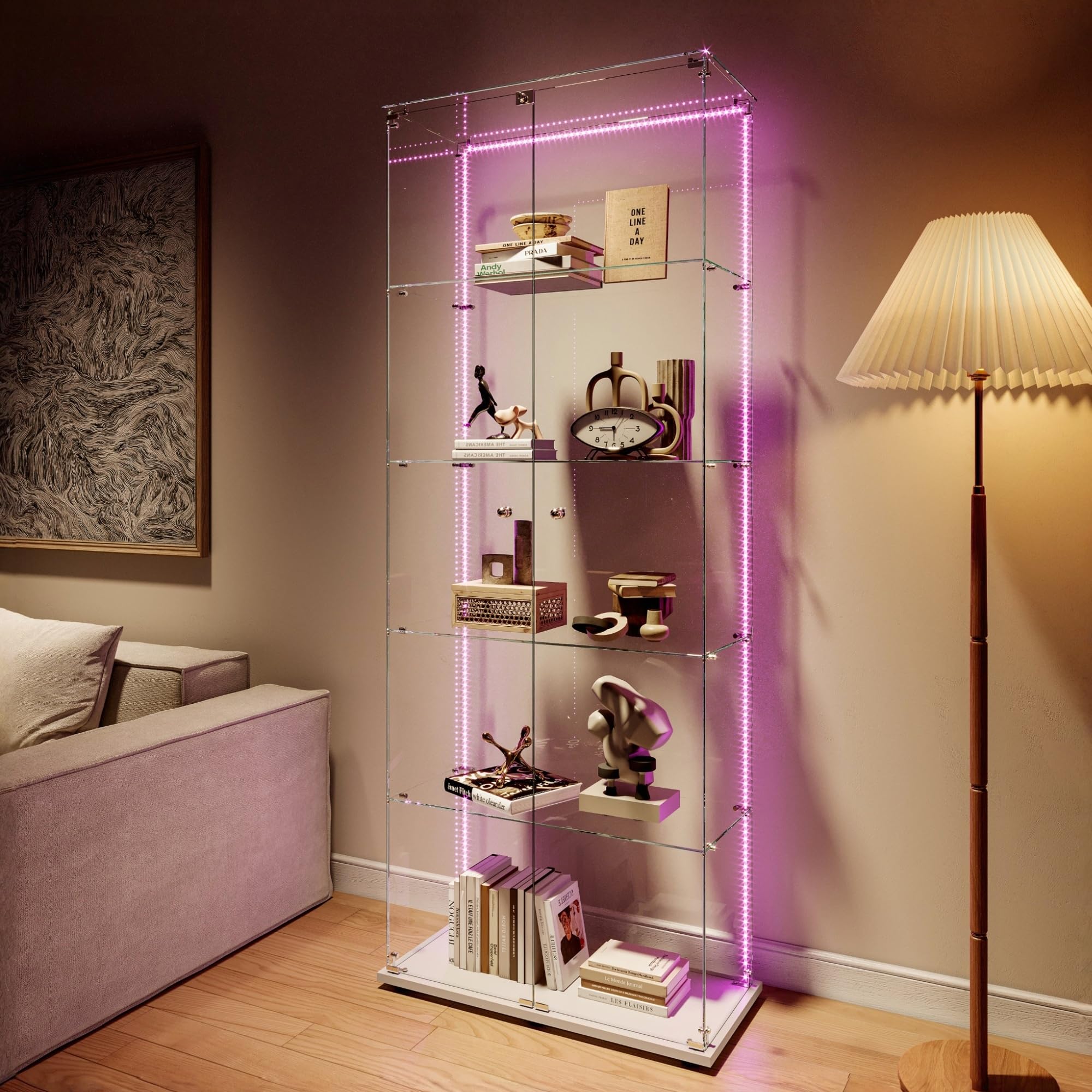 Szklana witryna stojąca, czarna, z oświetleniem LED, 5-poziomowa 186,5 x 34,5 x 78,5 cm, bezramowa, pełna widoczność, szklane półki z regulacją wysokości, szafka z witryną do salonu, biura,biały B