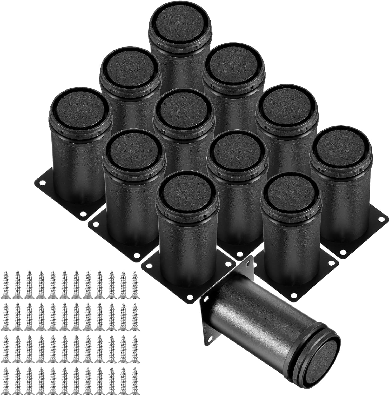 12 PCS 4 Inch Stainless Steel Furniture Leg Feets Adjustable Metal Cabinet Desk Leg, Black Round Metal Furniture Risers Coffee Table Replacement Legs Heavy Duty Sofa Legs TV Stand Dresser Legs