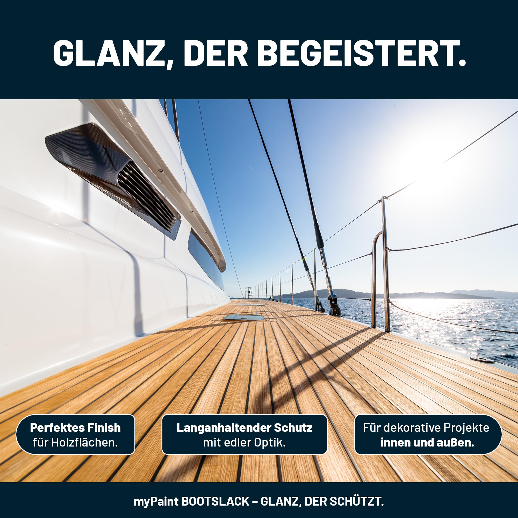 MyPaint Bootslack 750 ml - Weiß - Klarlack Holz außen wasserfest | Bootslack glänzend | langlebiger & wetterbeständiger Holzschutz für Boote, Fensterrahmen, Möbel & Gartenmöbel | UV-beständig
