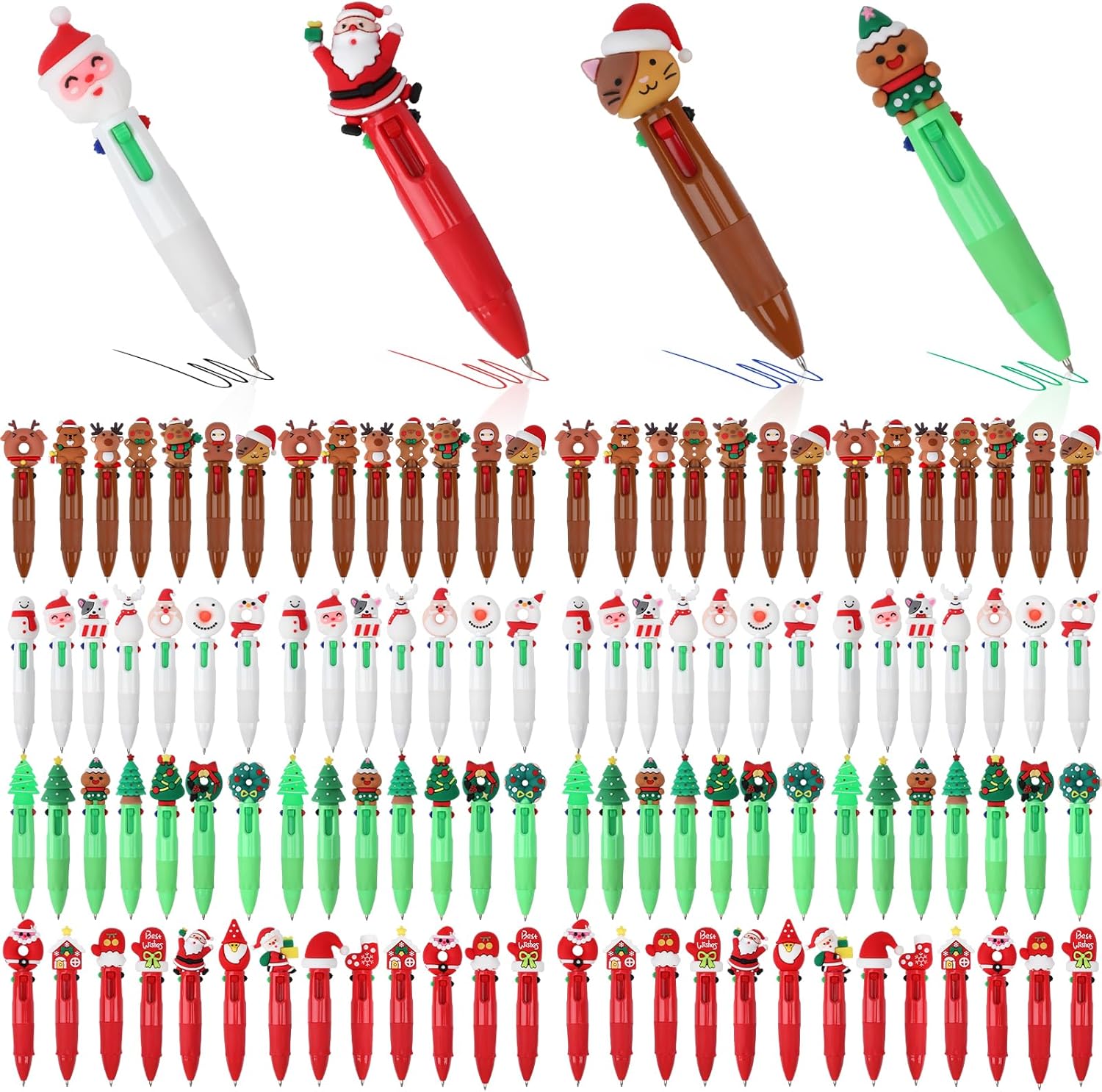 SAYAYA 120 Pieces Mini Christmas 4-in-1 Ballpoint Pen, Multicolor Retractable 0.5mm Santa Snowman Writing Pens for Xmas Gifts Office Supplies