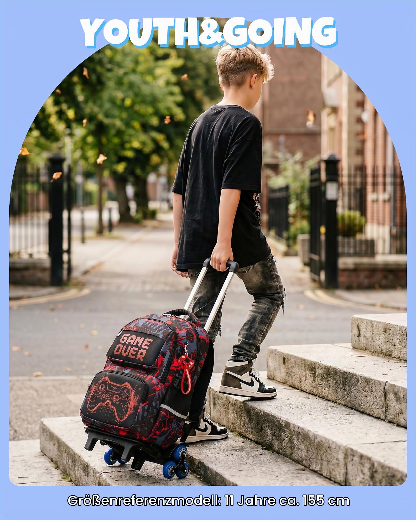 Amythe Trolley-Rucksack Jungen Kinder 8-12 Jahre mit 6 Räder, Blau | Nachtleuchtend Wasserdicht Reflektierend Leicht Blau Daypack Multitasche Geräumig Robust für Schule Reisen Wandern Freizeit