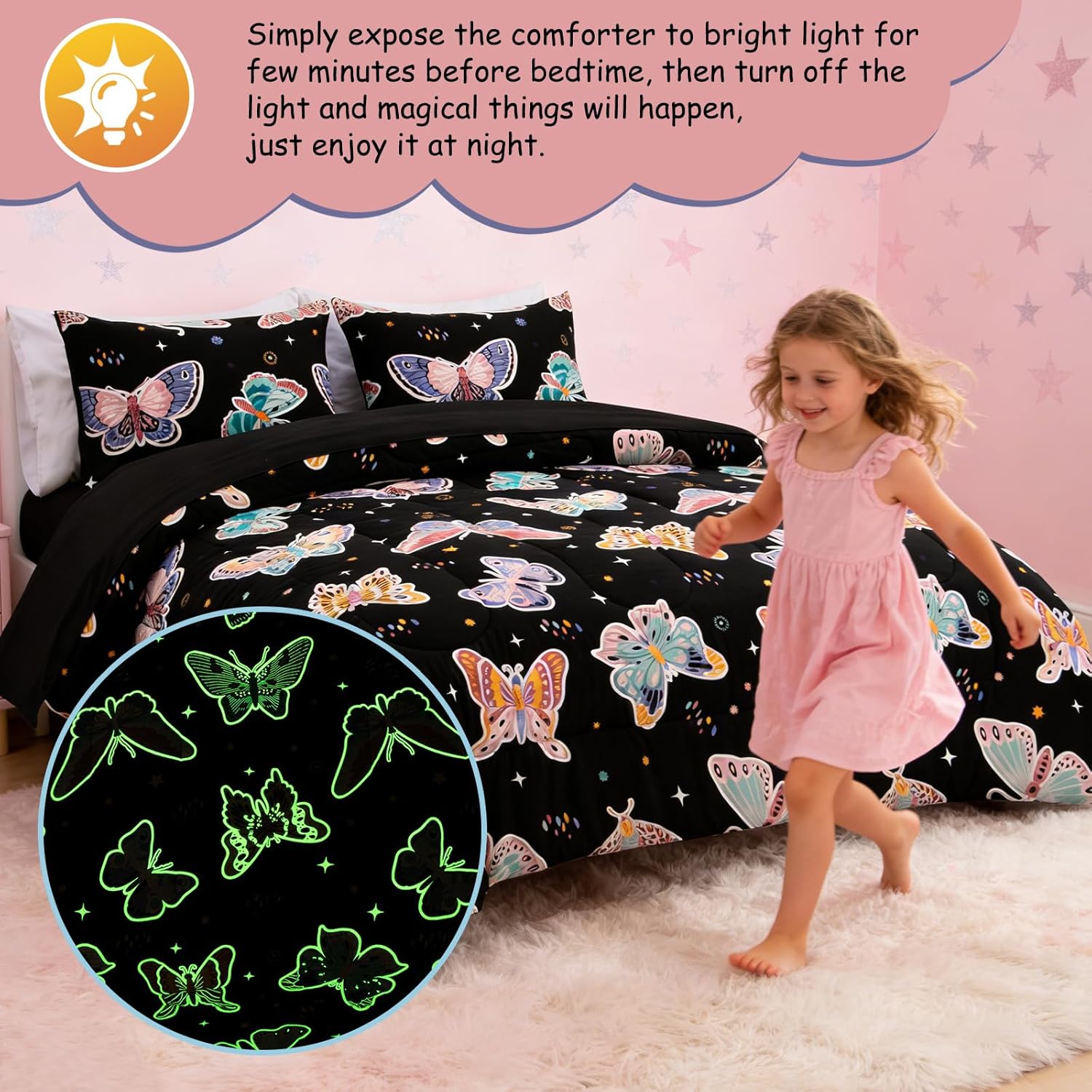 A Nice Night 5pc Glow in The Dark Kids Comforter Set, Colorful Flying Butterfly Printed, Sparkling Starry Bedding Set Queen Size for Boys Girls Teen