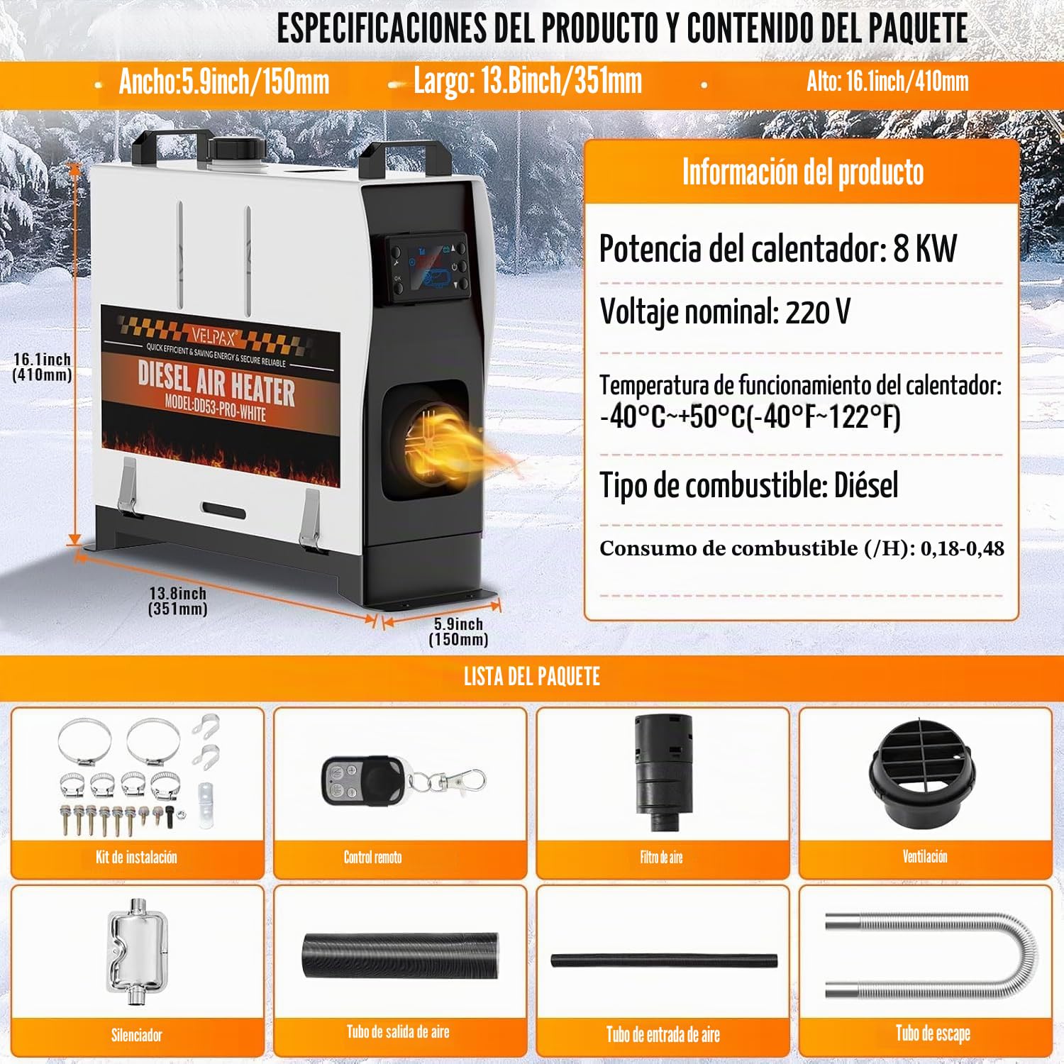 VELPAX Calentador Diésel Portátil Todo en Uno 12 V 24V 220V 8KW,Calentador de Aire Diesel 0,16-0,52 L/h LCD de control remoto,adecuado para automóviles, camiones, barcos