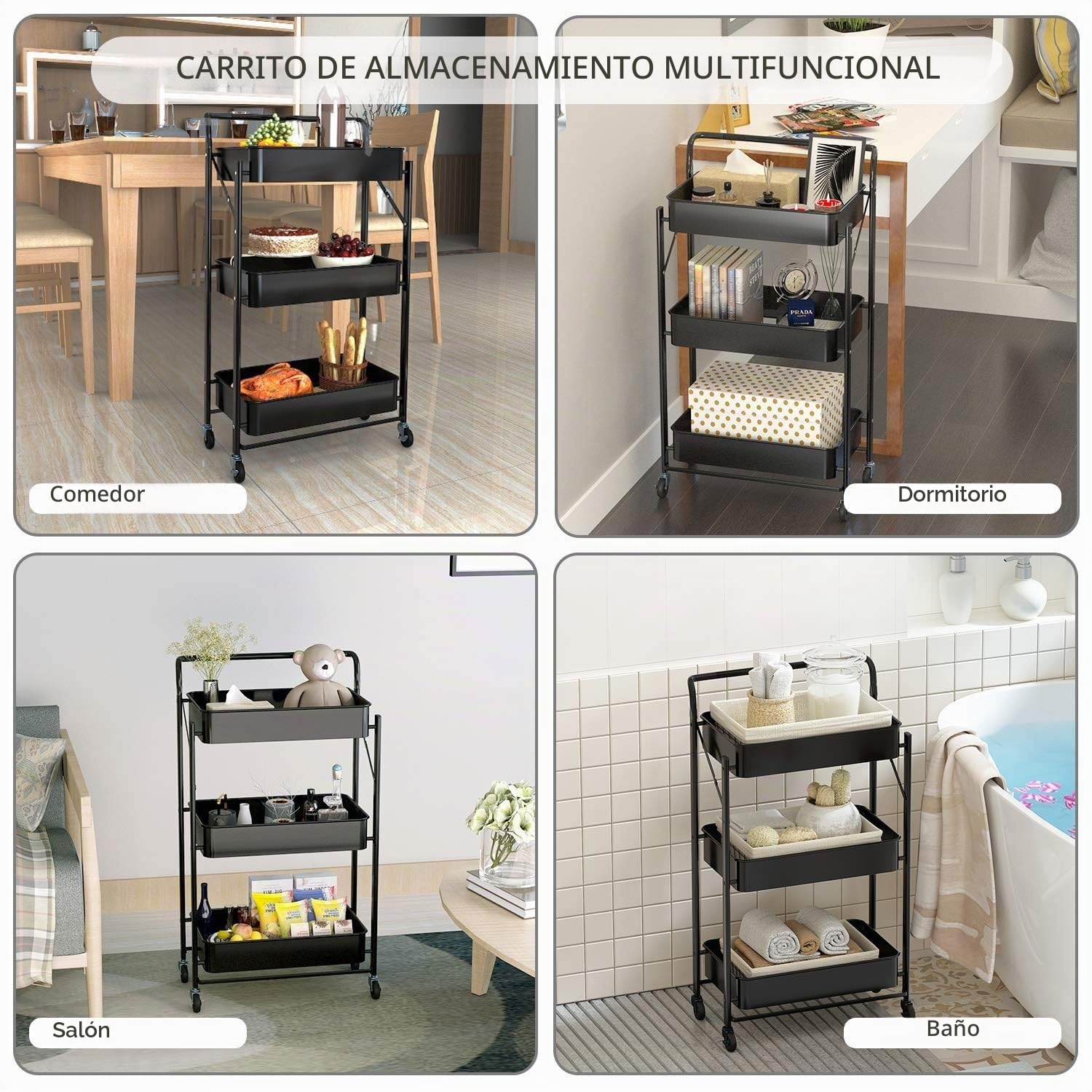 Dripex Carrito de Cocina Plegable con Ruedas, No Requiere Montaje, Soporta 20kg/Nivel, Carros Multiuso para Cocina Oficina Salón Dormitorio, 44x30x89,5cm, 3 Niveles