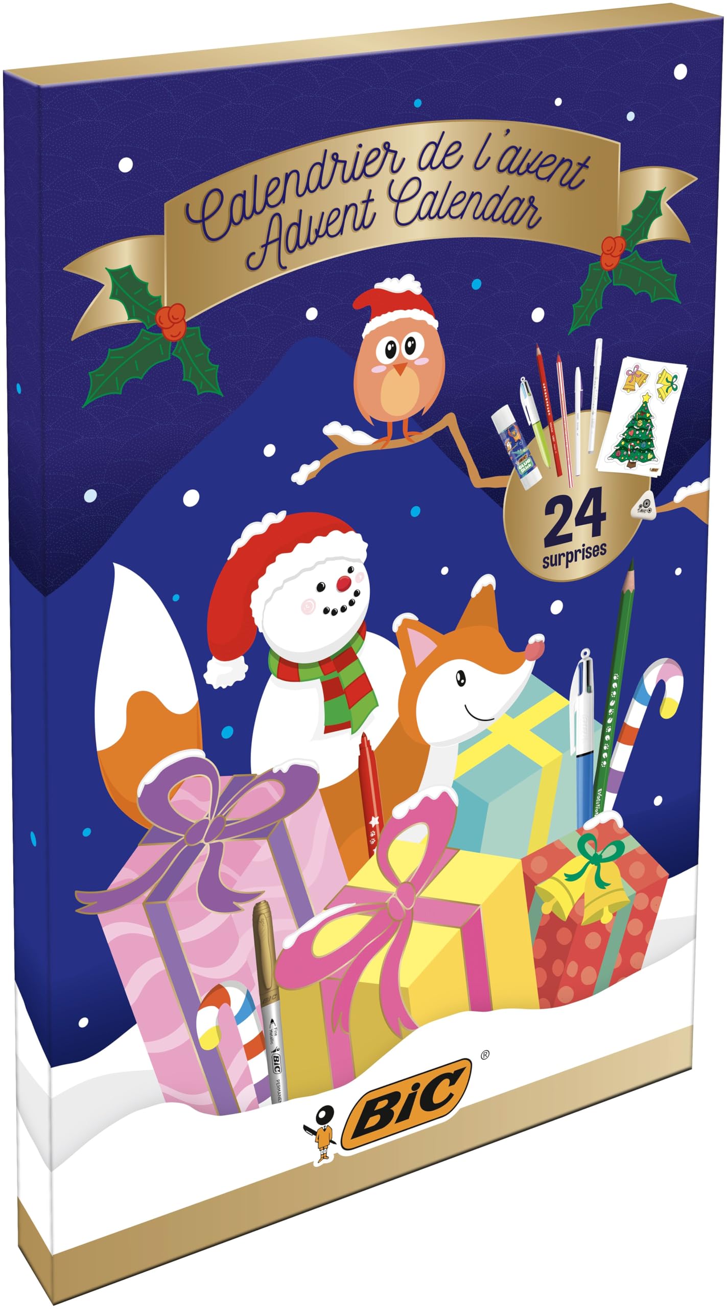 BIC Calendario dell'Avvento, Penne a Sfera, Matite Colorate, Pennarelli, Evidenziatori, Colori Assortiti, Set Cancelleria 24 Articoli, Idea Regalo di Natale, Bambini e Adulti