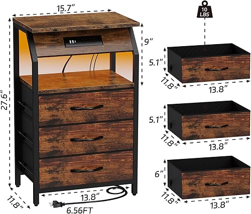 Miniatura 3 de Mesa auxiliar con estación de carga, mesita de noche con luces LED y 3 cajones, cómoda pequeña con almacenamiento de tela, mesa auxiliar retro para