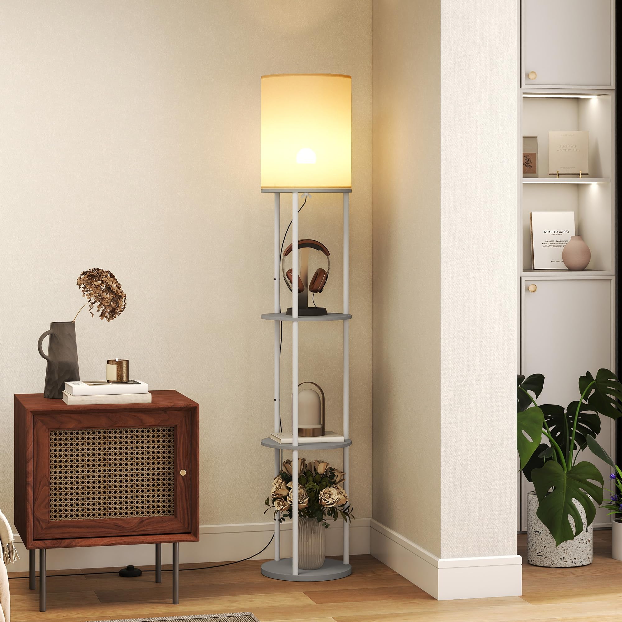 HOMCOM Lámpara de Pie con Estantes, Lámpara con 3 Temperaturas de Color, Control Remoto, para Salón, Dormitorio, Oficina, Gris