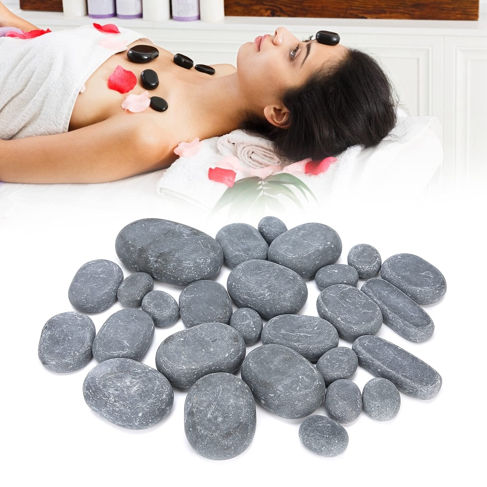 Juego de Piedras Calientes, Piedras de Masaje de Basalto Pulido para Spa, Kit Profesional con 27 Piezas, Rocas Volcánicas para Relajación, Aromaterapia, Masaje Corporal,