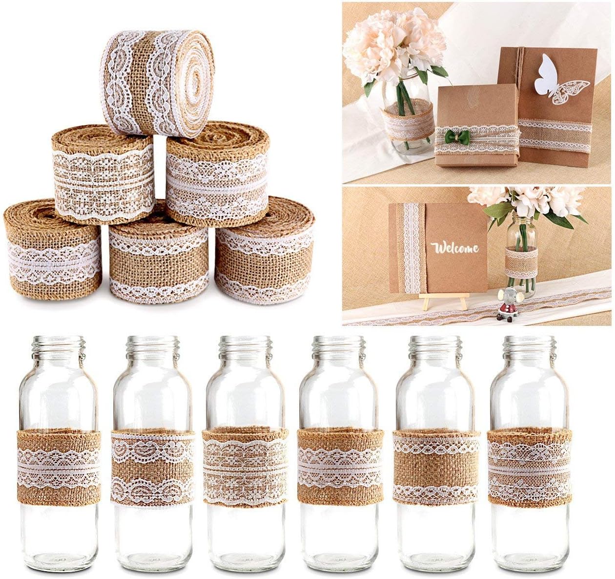 FunRun 9 Rolls Natural Hessian Ribbon with Lace Detail - Hessian Lace Ribbon Burlap Jute Lace Ribbon Jam Jars for Rustic Wedding Decorations DIY Handmade