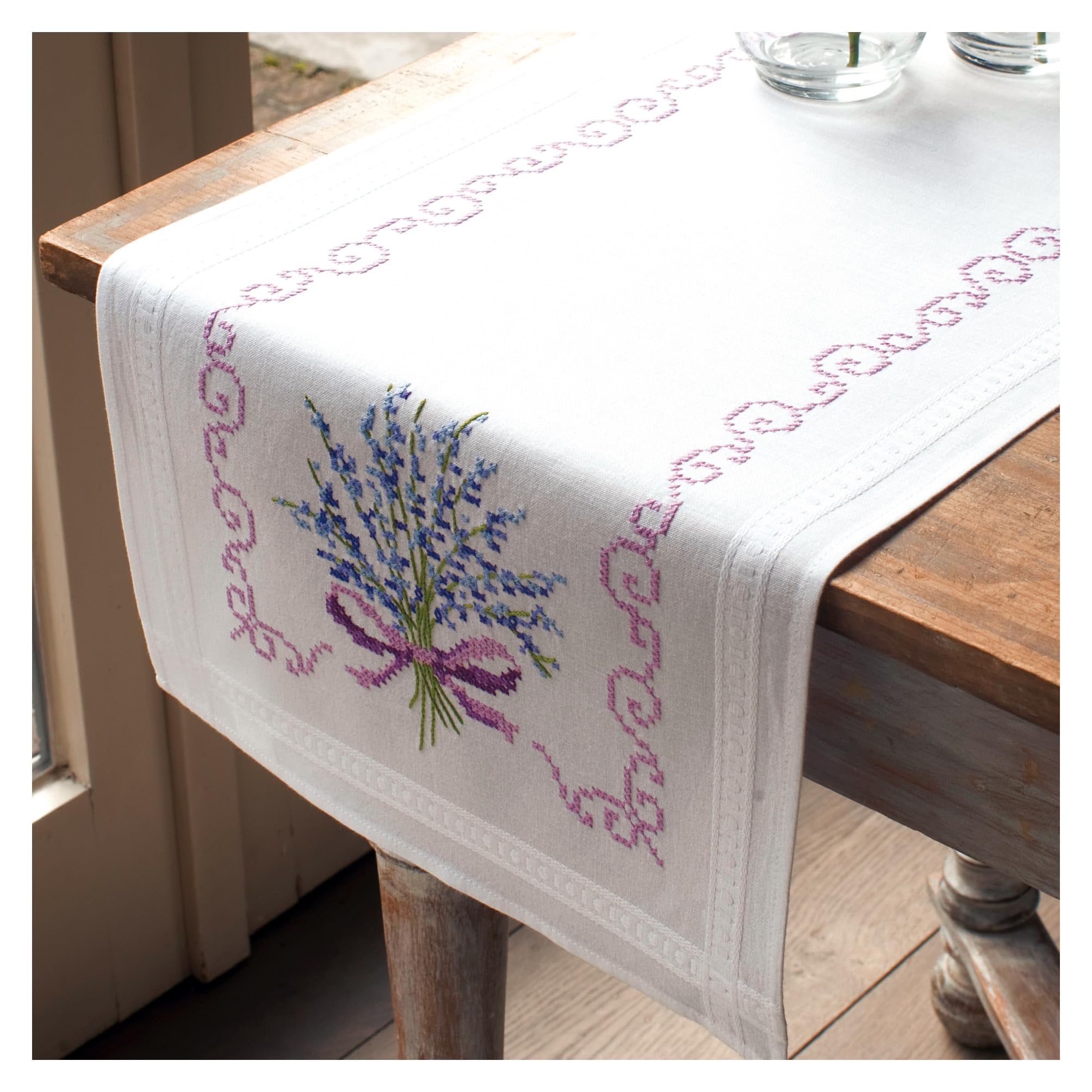 Vervaco Embroidery Kits Cross Stitch Table Runner DIY Kit, Tablecloth to Embroider with Image in Modern Design, Cotton and Thread, 16 x 40 Inches, Lavender