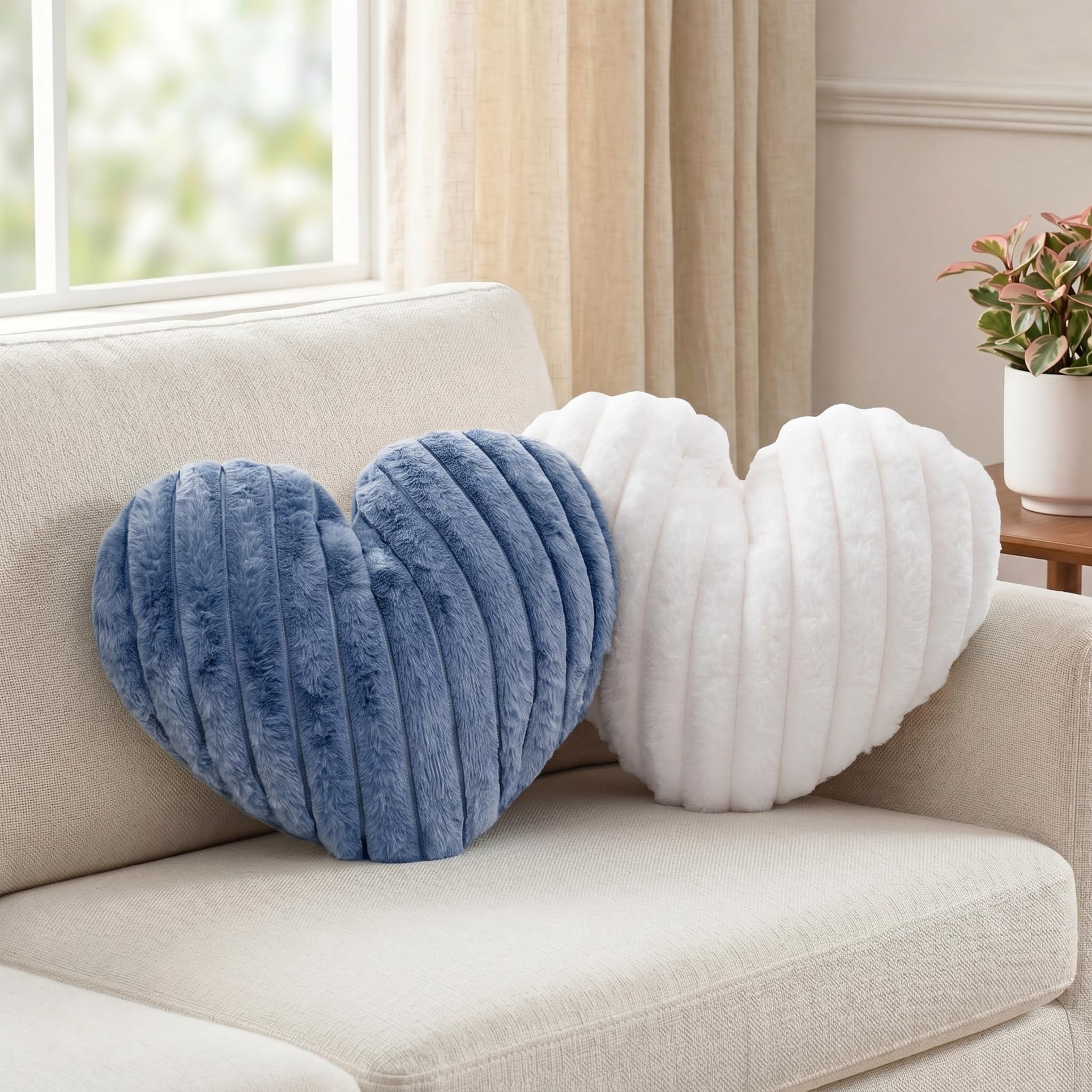 2 Pack Heart Pillow White Blue Cushions Soft Plush Decorative Throw Pillows