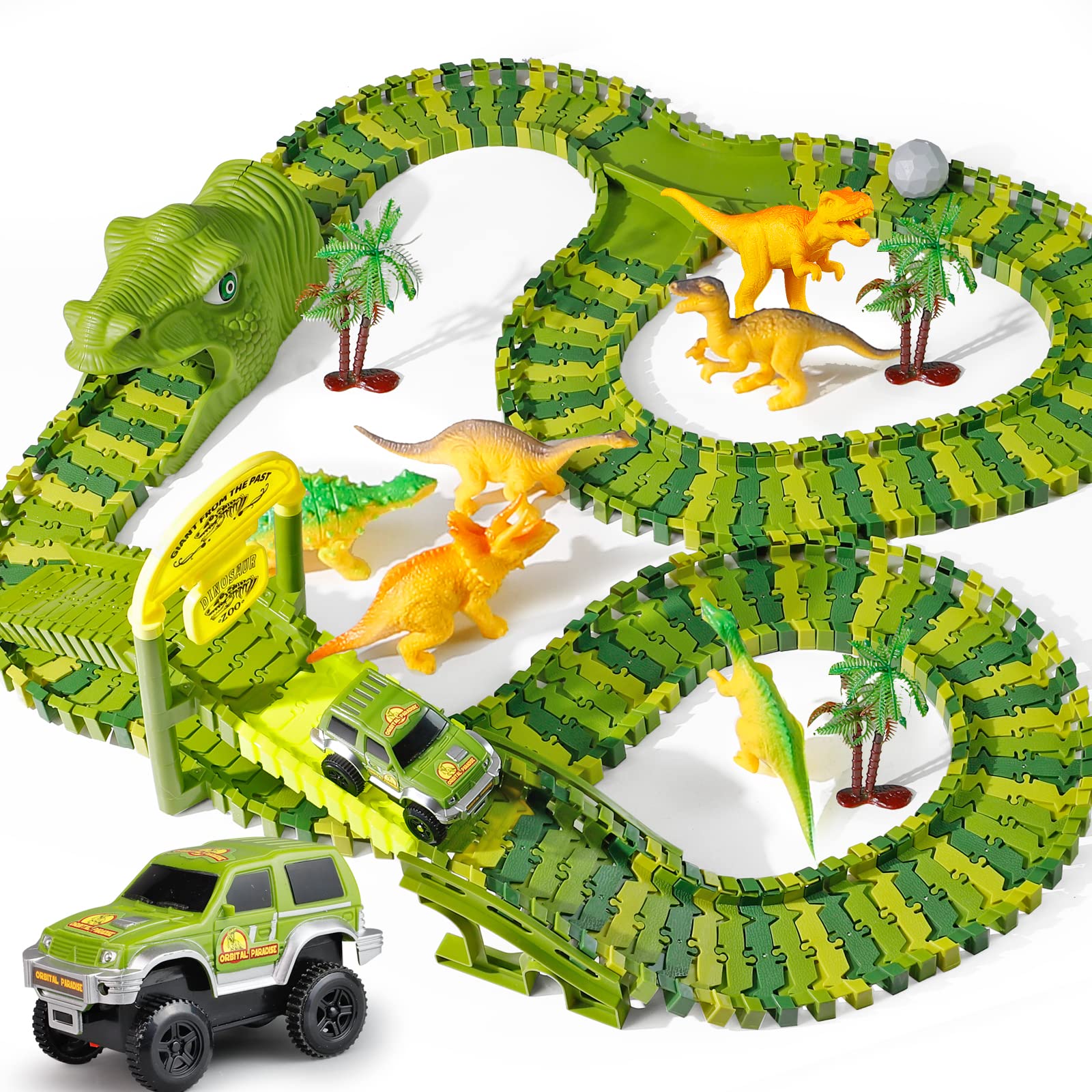 PEIKAIRS Dinosaur Toys for Kids 3-5-7, 197pcs Dinosaur Track Toy, Flexible Dino Tracks Playset with 6 Dino Figures and Car, Create A Dinosaur World Road Race, Gifts for Boys and Girls