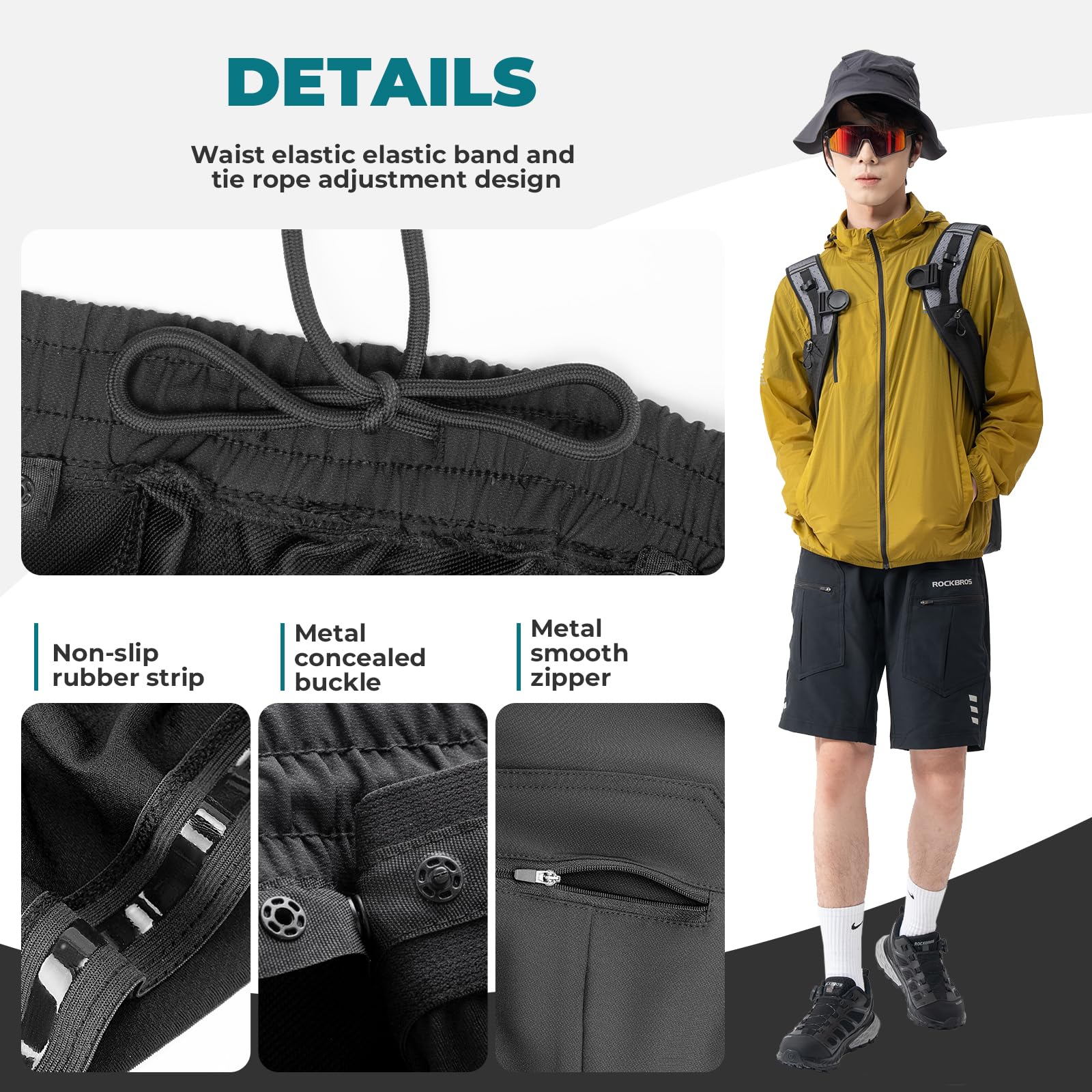 ROCKBROS Pantalones Cortos de Ciclismo para Hombre, Culotte Ciclismo Desmontable Transpirable Multifuncional Verano con Bolsillos 4D Acolchado para MTB, M-4XL