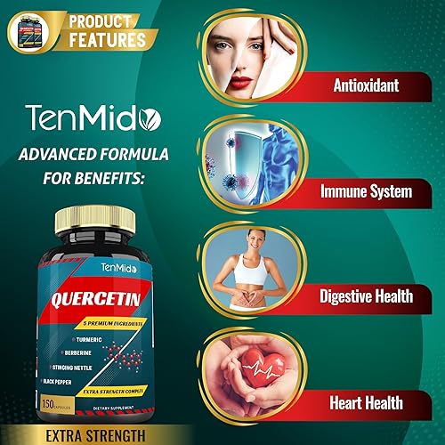 Miniatura 4 de Cápsulas de suplementos de quercetina – Apoya el sistema inmunológico y la salud del corazón, antioxidantes con berberina, ortiga, cúrcuma, pimienta