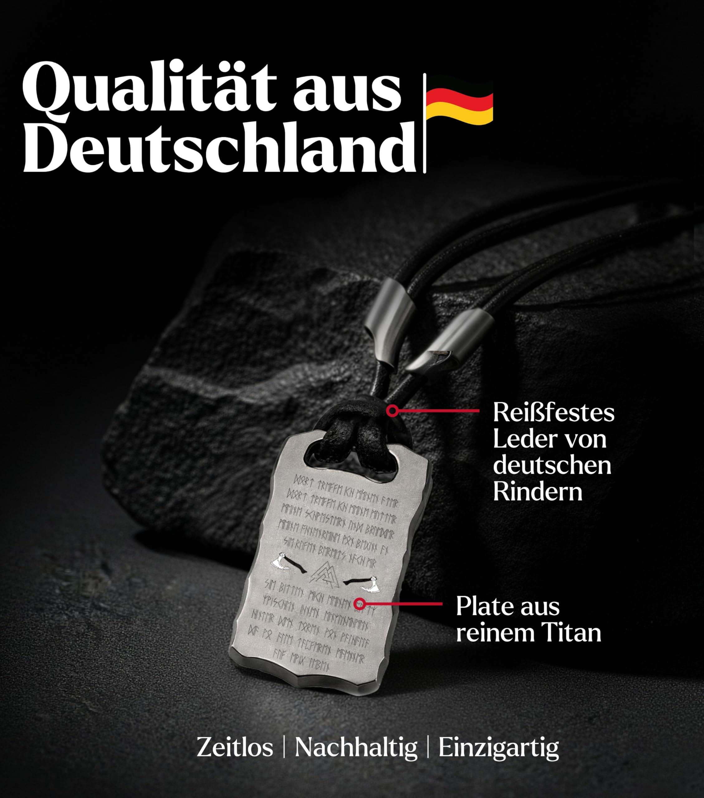Titan-Anhänger mit Valknut Wotansknoten & Wikingergebet – Halskette aus schwarzem Lederband und robustem Titan – Nordischer Runen-Schmuck & Odin Talisman für Herren & Damen