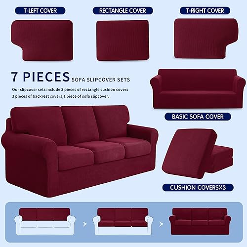 Miniatura 6 de Subrtex Paquete de 3 fundas para sillón de 7 piezas, funda elástica para sofá con fundas de respaldo separadas y fundas de cojín para sala de estar
