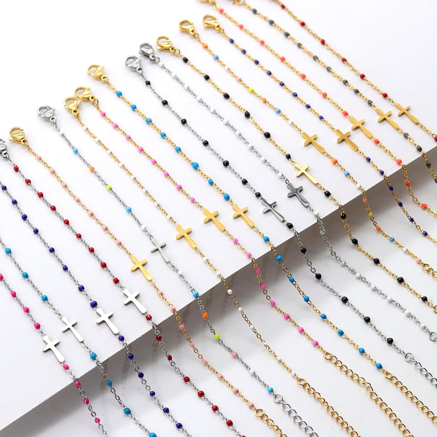 14K Gold Plated Cross Beaded Bracelet for Women, Religious Faith Cross Adjustable Stainless Steel Bracelet Link Chain Bracelet Confirmation Jewelry Gifts for Women - Image 6