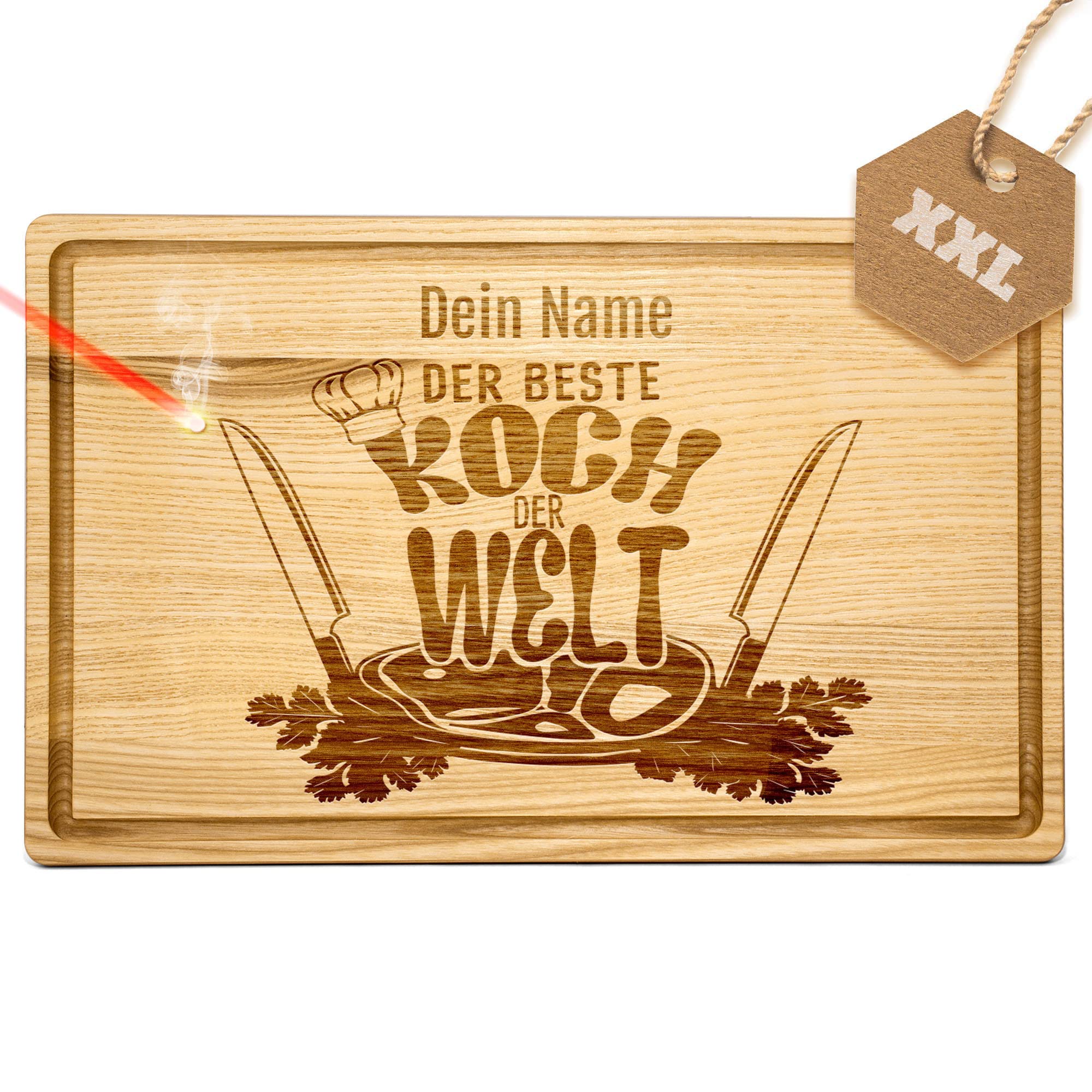 PR Print Royal Großes Holzbrett mit Gravur - Schneidebrett personalisiert - Bester Koch - Geschenke für Hobbyköche zum Geburtstag | Eschenholz, 40 x 25 x 2 cm, personalisiertes Geschenk mit Gravur