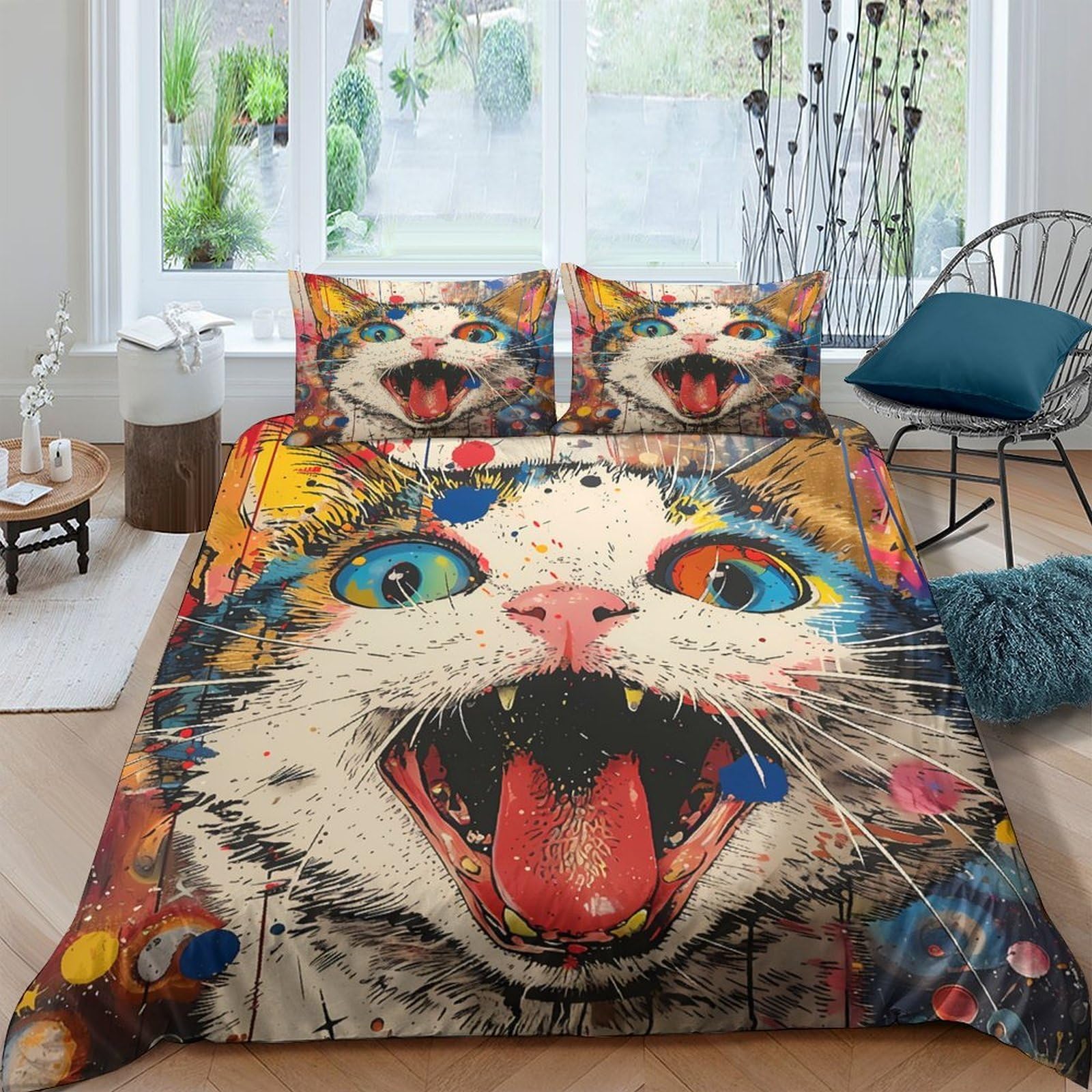 Ctjqhvkz Style-5 3D Printed Graffiti Cat Fitted Sheet Microfiber Vibrant Animal Bed Cover Anti-Slip For Bedroom Dorm Easy Care Single（135X200cm）