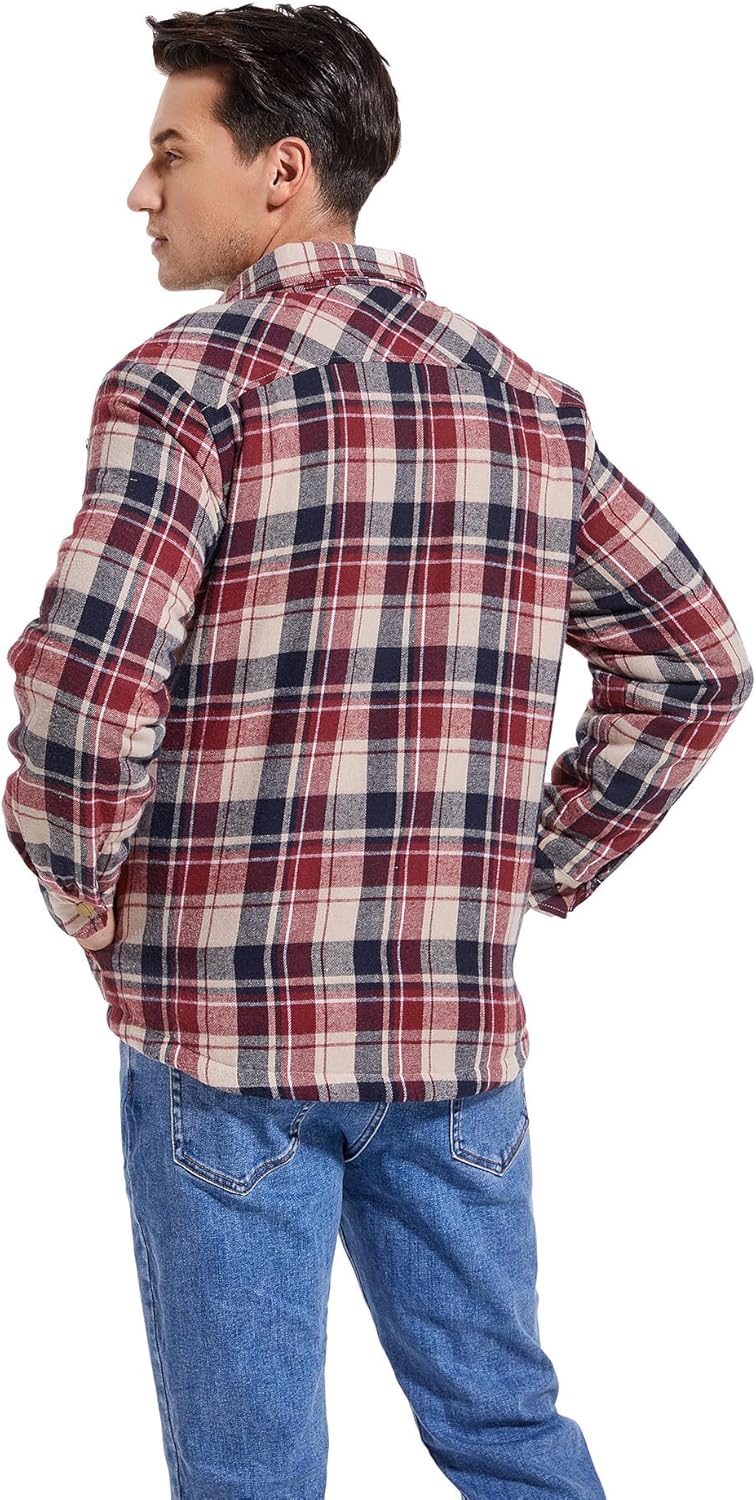 Men's Sherpa Lined Cotton Flannel Shirt Jacket Plaid Button Up Jacket Coat for Men with Pocket - Image 5