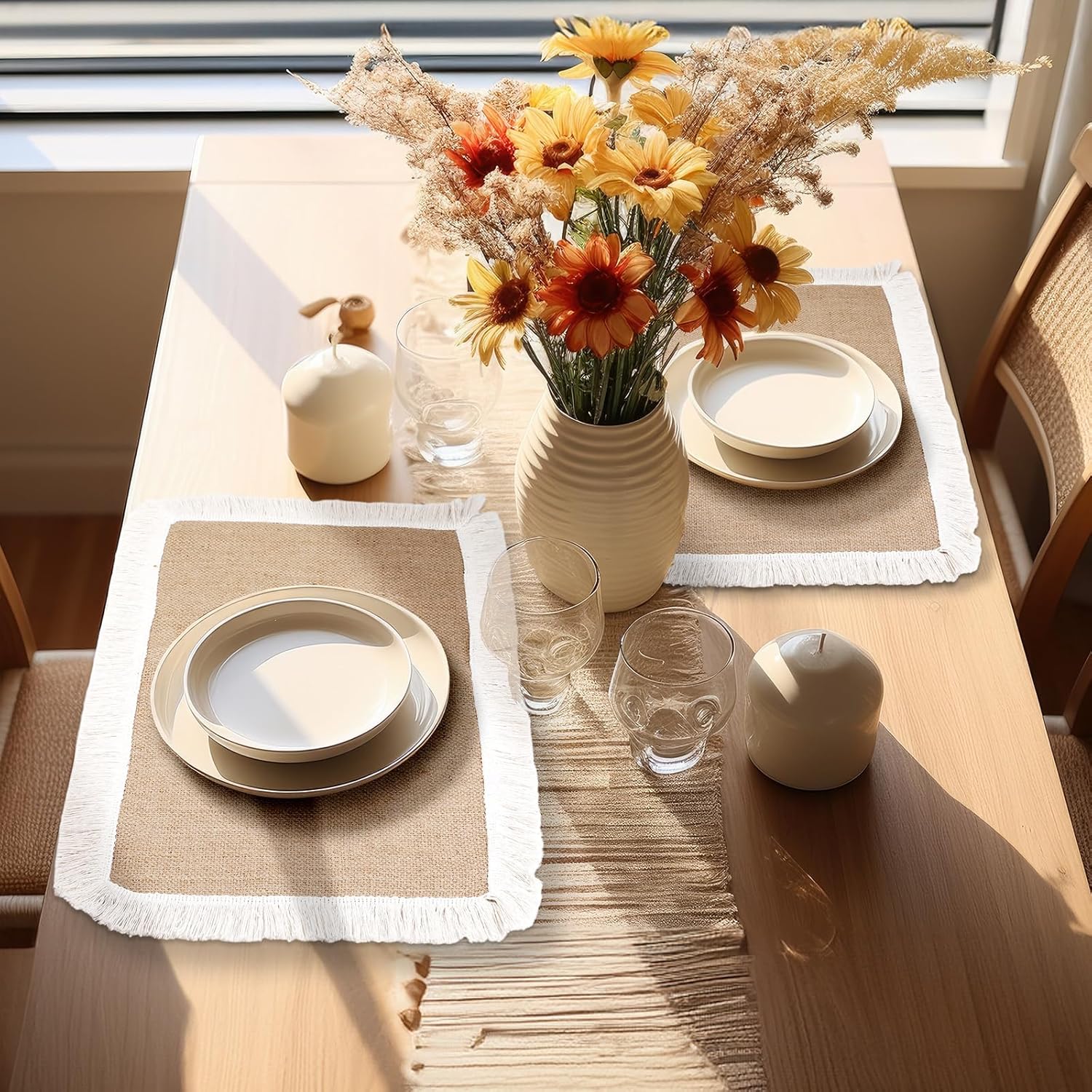 12 Jute Placemats for Dining Tables Burlap Braided Farmhouse Woven Mats Square Vintage Placemat with Tassels for Rustic Decor Holiday Party Centerpiece