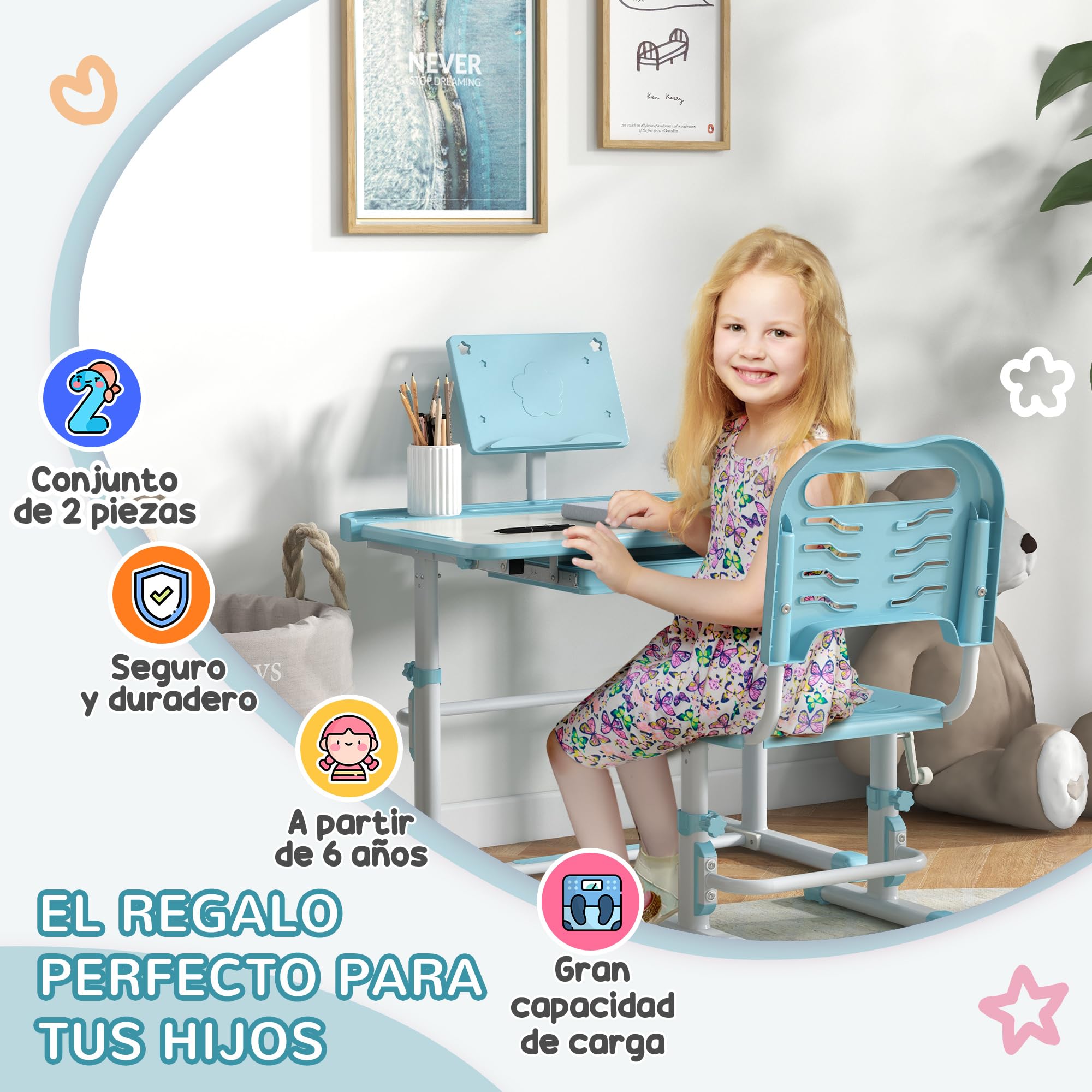 ZONEKIZ Juego de Escritorio y Silla para Niños de 6-12 Años Pupitre Infantil Altura y Ángulo Ajustable con 1 Cajón y 1 Estante para Libros 80x49,5x82-104 cm Azul y Blanco