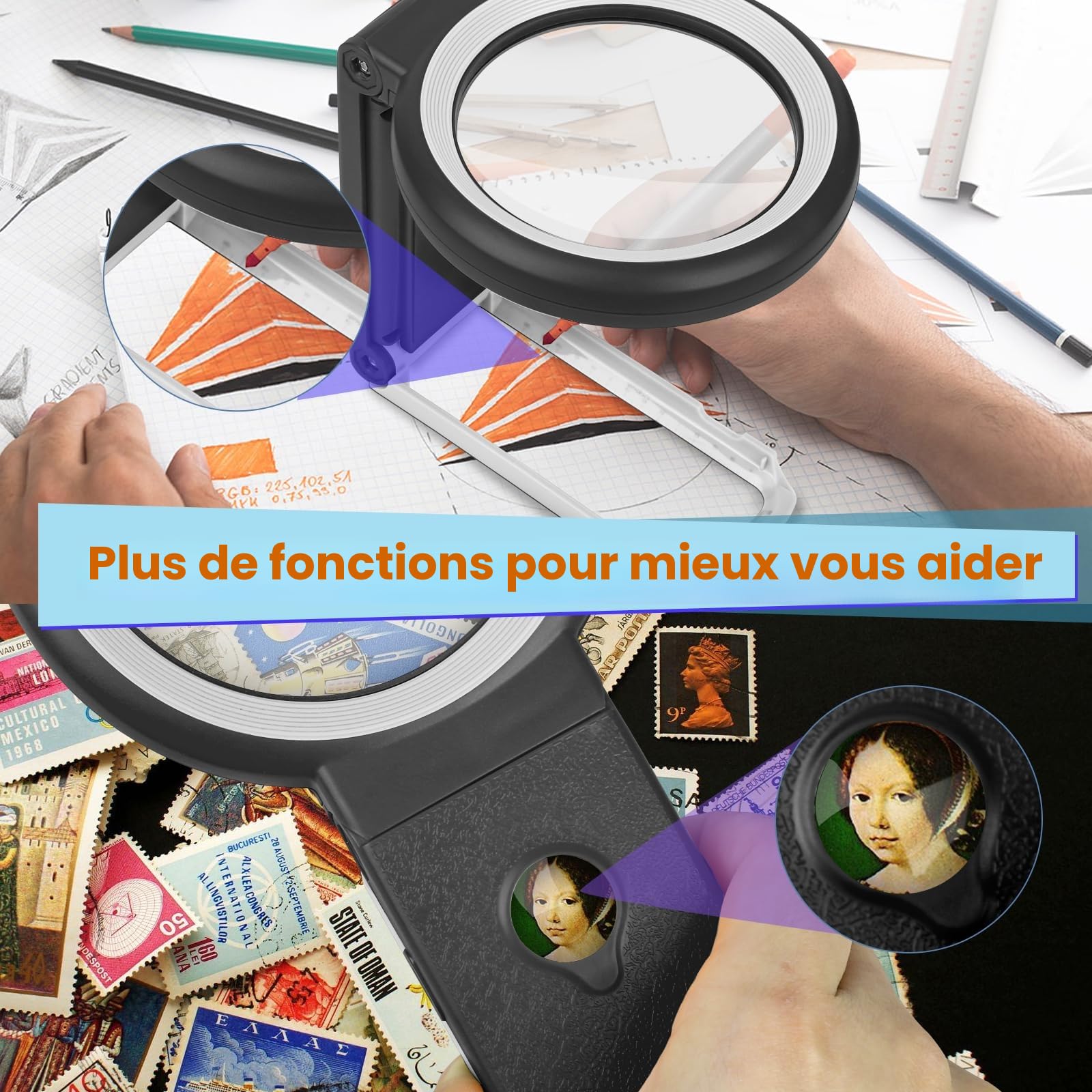Loupe Grossissante sur Pied 18 LED 10X 30X avec Support Pliable pour Lecture Bijoux Inspection