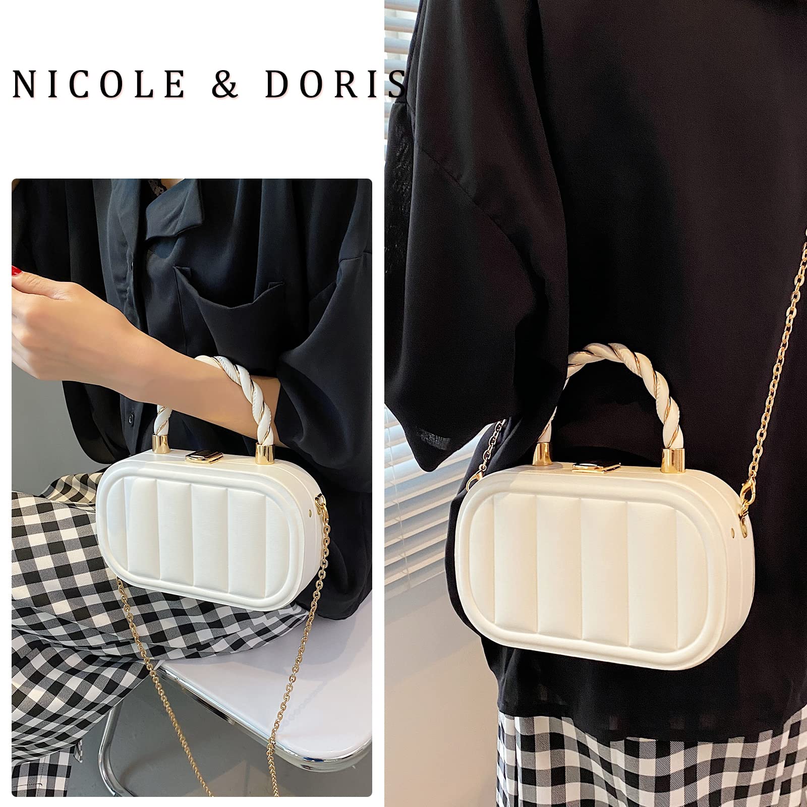 NICOLE & DORIS Frau Tasche Klein Designer Handtasche mit Kette Abendtasche Damen Partytasche Mode Schultertaschen PU Leder Handy Tasche Crossbody Schwarz