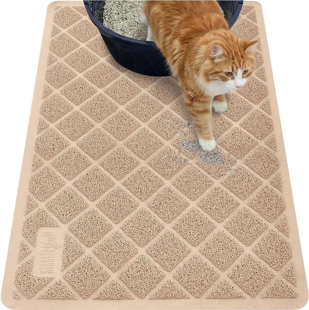 GORILLA GRIP Cat Litter Box Mat, 35x23, Cushioned Coil Mesh Litter Trapping Mats, Scatter Control Supplies for Less Mess, Phthalate Free, Ultra Deep Catch Grooves, Rinse or Vacuum to Clean, Beige