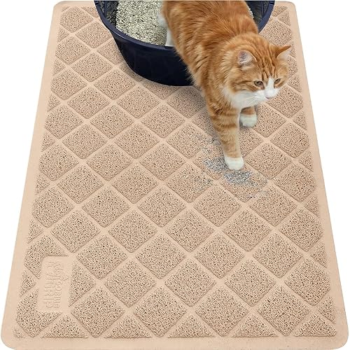 GORILLA GRIP Cat Litter Box Mat, 40x28, Water Resistant, US Designed Kitty Litter Trapping Mats, Easy to Clean, Scatter Control, Less Mess and Clean Floors, Kitten Supplies for Indoor Cats, Beige