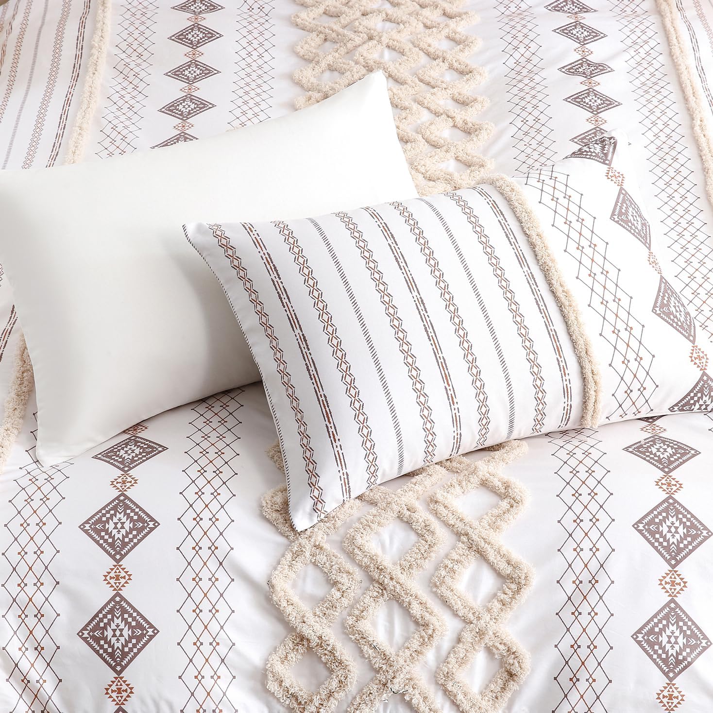 MOVE OVER 100% Cotton Tufted Duvet Cover Set Queen 3 Pieces Beige Boho Chic Farmhouse Bedding Set with Zipper Closure and Ties Western Aztec Comforter Cover All Seasons