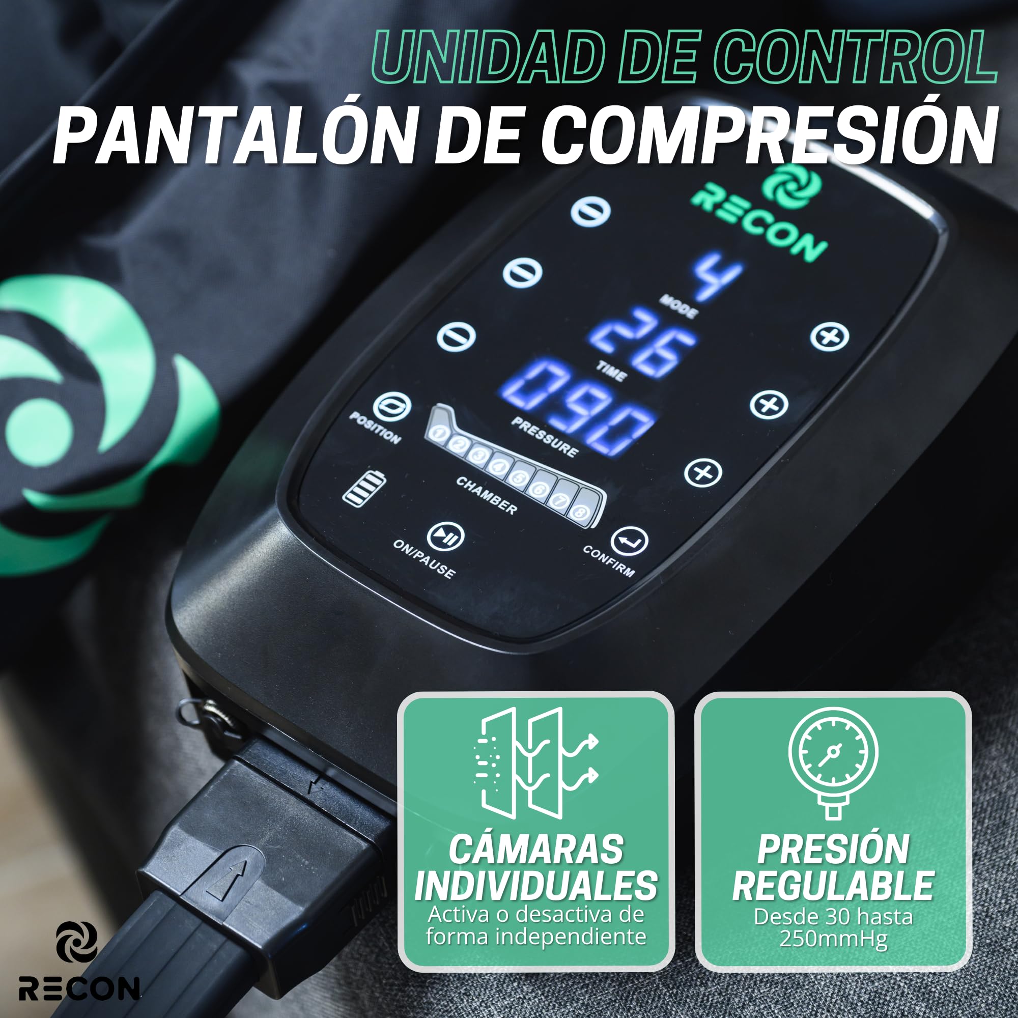 Pantalón de Presoterapia Masajeador con 8 cámaras 6 modos de masaje y batería. Equipo profesional de masaje. Recon®