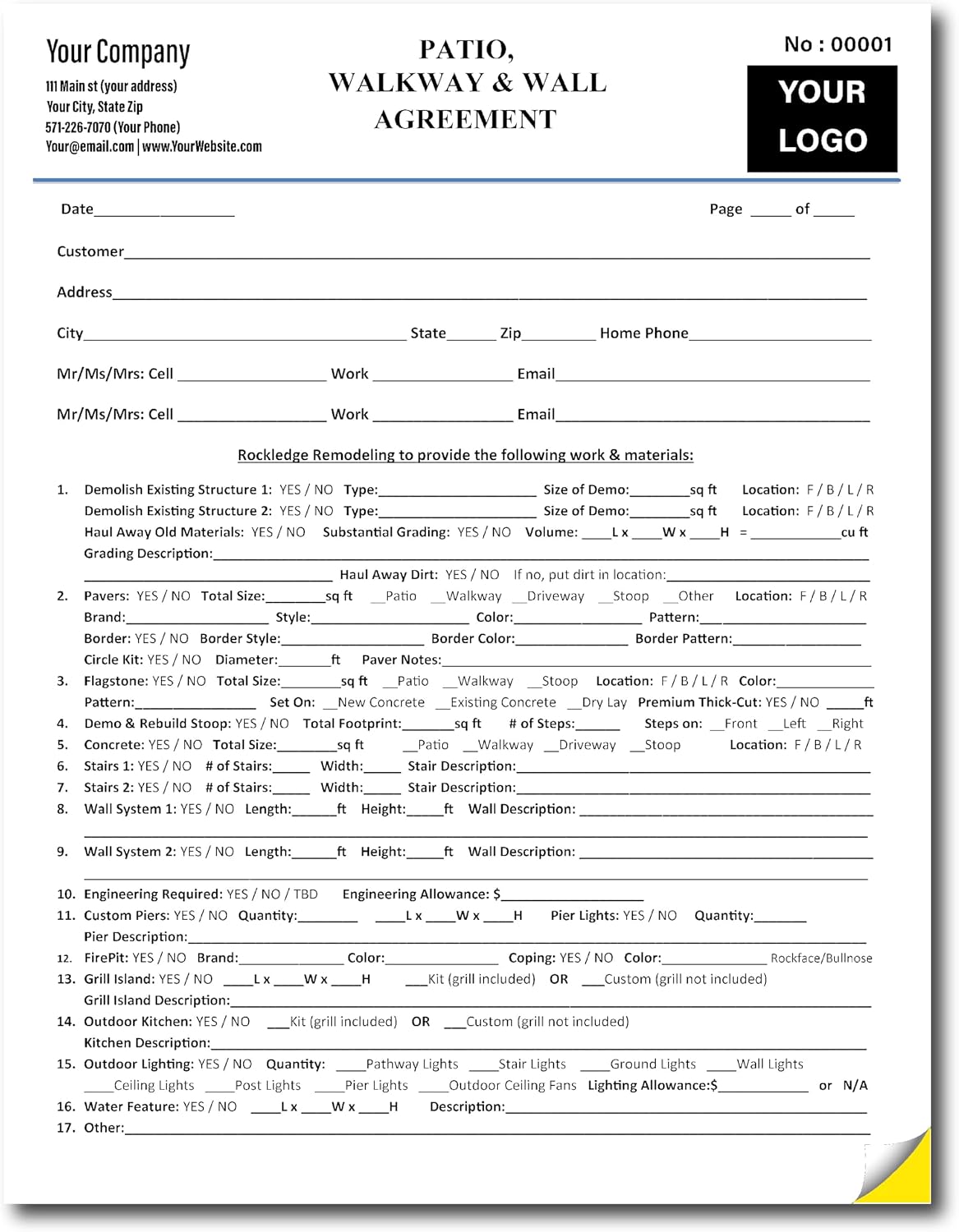 Patio Agreement Custom Printed with Your Company Information - Patio Walkway & Wall Contract - Patio Contractor Company Contract, 2 Part NCR Form