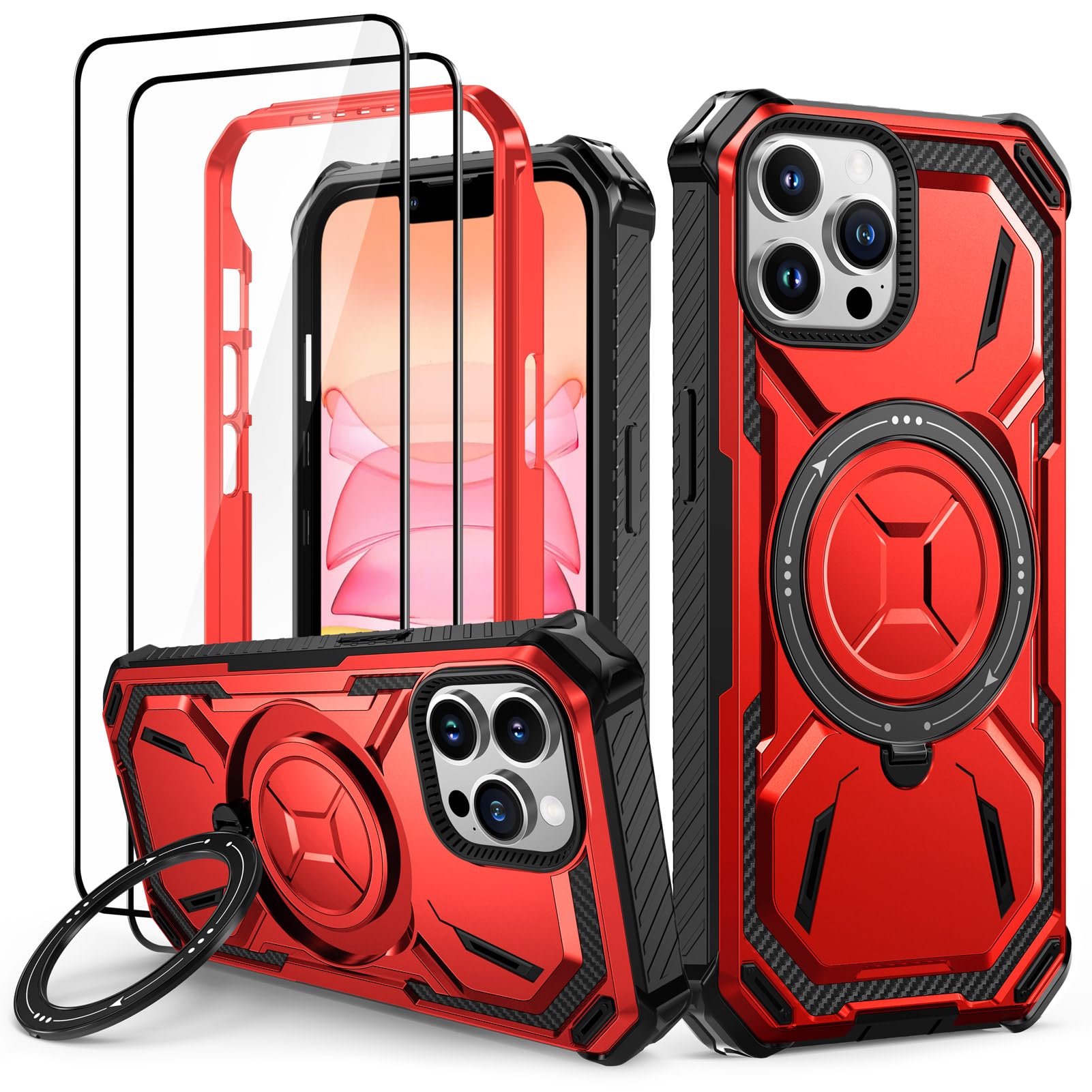 Lanhiem Cover iPhone 13 PRO Max con 2 Pezzi Vetro Temperato, Supporto Magnetico Anello a 360° Protezione 6FT Antiurto Anticaduta Militare Armor Protezione, Custodia iPhone 13 PRO Max, Rosso