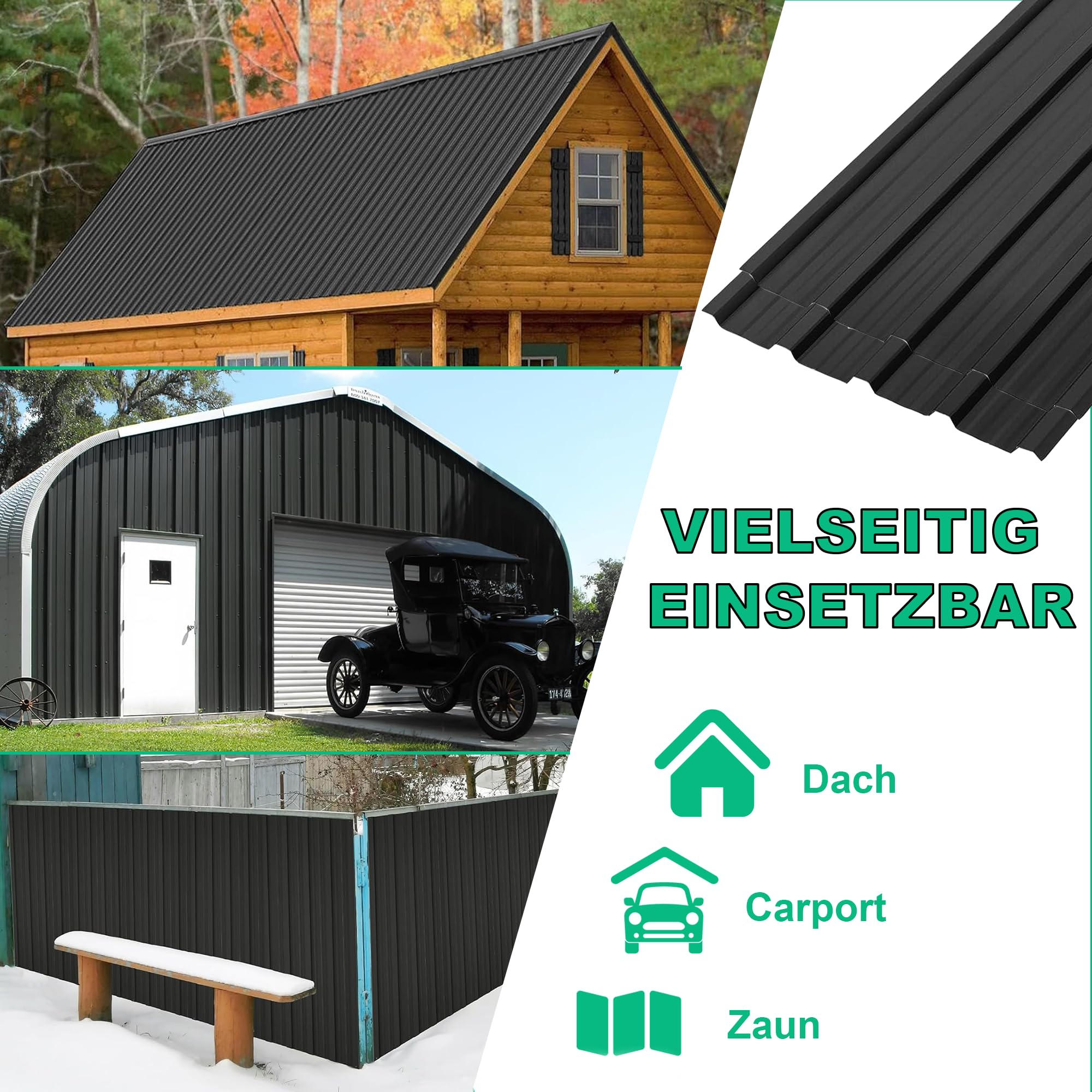 24PCS Trapezblech Dachplatten 115x45CM, Schwarz Verzinkter Stahl 0,25mm Profilblech für Dächer Geräteschuppen Carports Wandverkleidungen