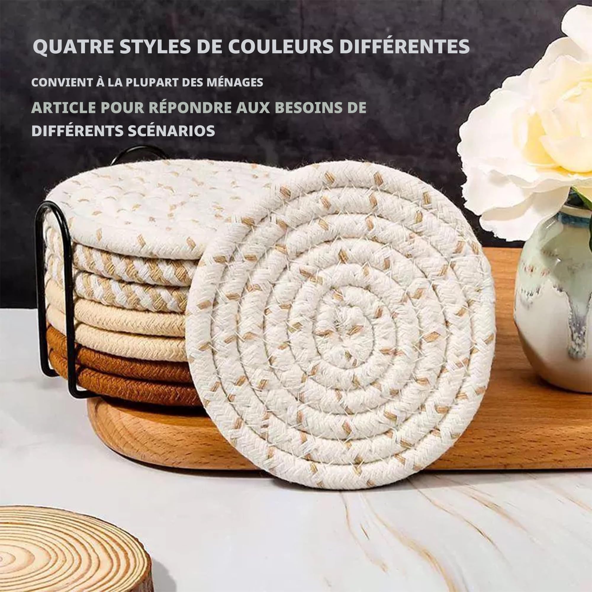 Lot de 8 Dessous de Verre Ronds avec Support - Antidérapants en Coton Tressé pour Verres (Jaune)