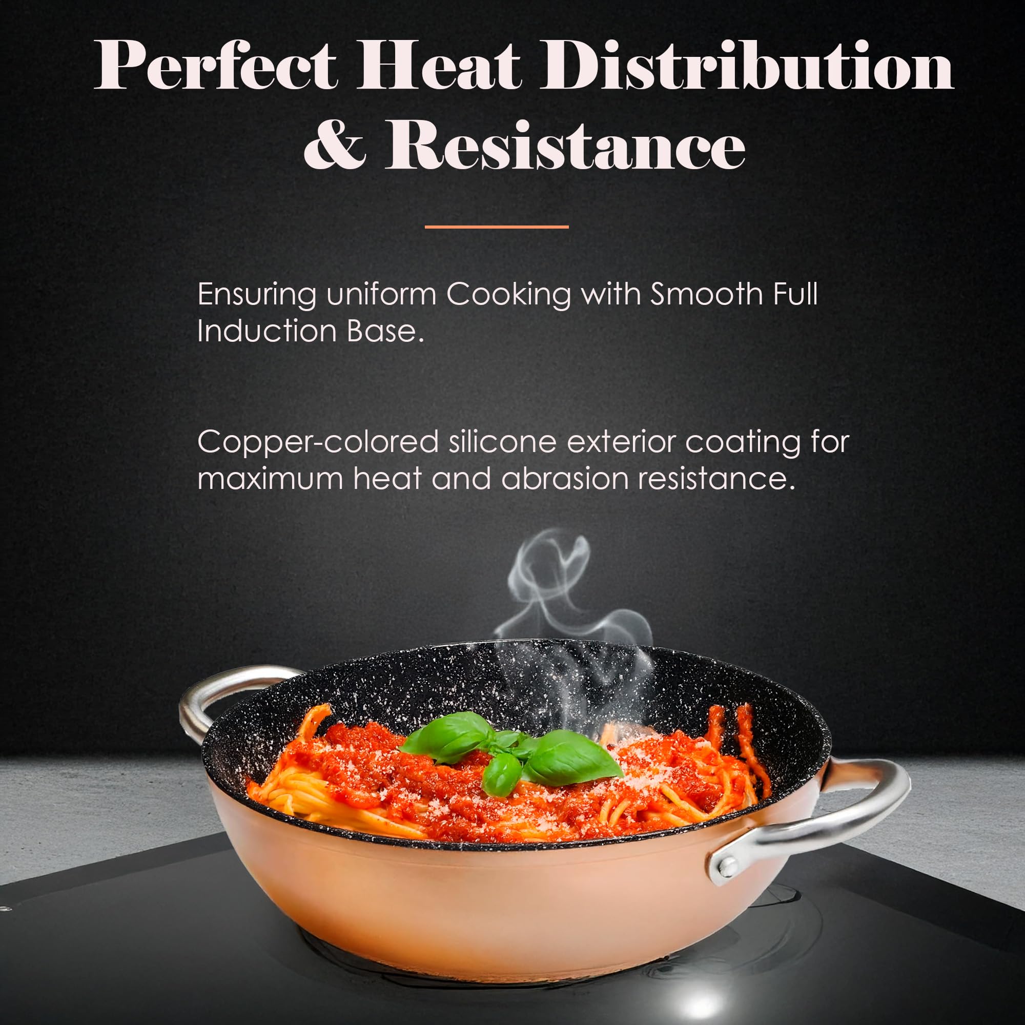 WECOOK! Professional Casseruola Bassa Induzione 24cm, Antiaderente Ecologico senza PFOA, Alluminio Forgiato, 2,8mm Spessore, Rame, Maniglia in Acciaio Inox, Vitroceramica, Forno, Lavastoviglie