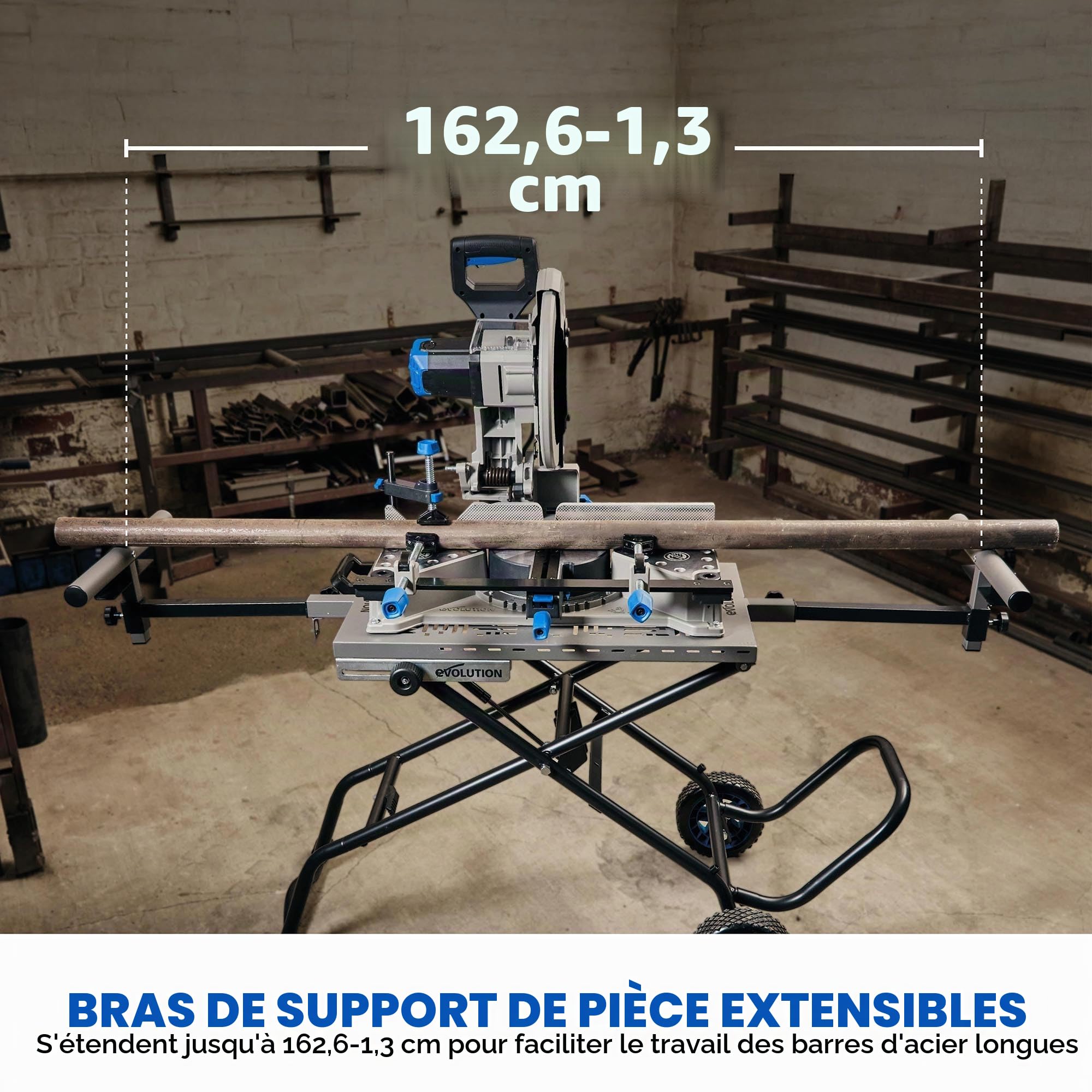Evolution Power Tools, Support MCS, Support pour scie à onglet avec assistance Powerlift | Châssis en acier robuste, roues tout-terrain, compatible avec Evolution S355CPS, R355CPS