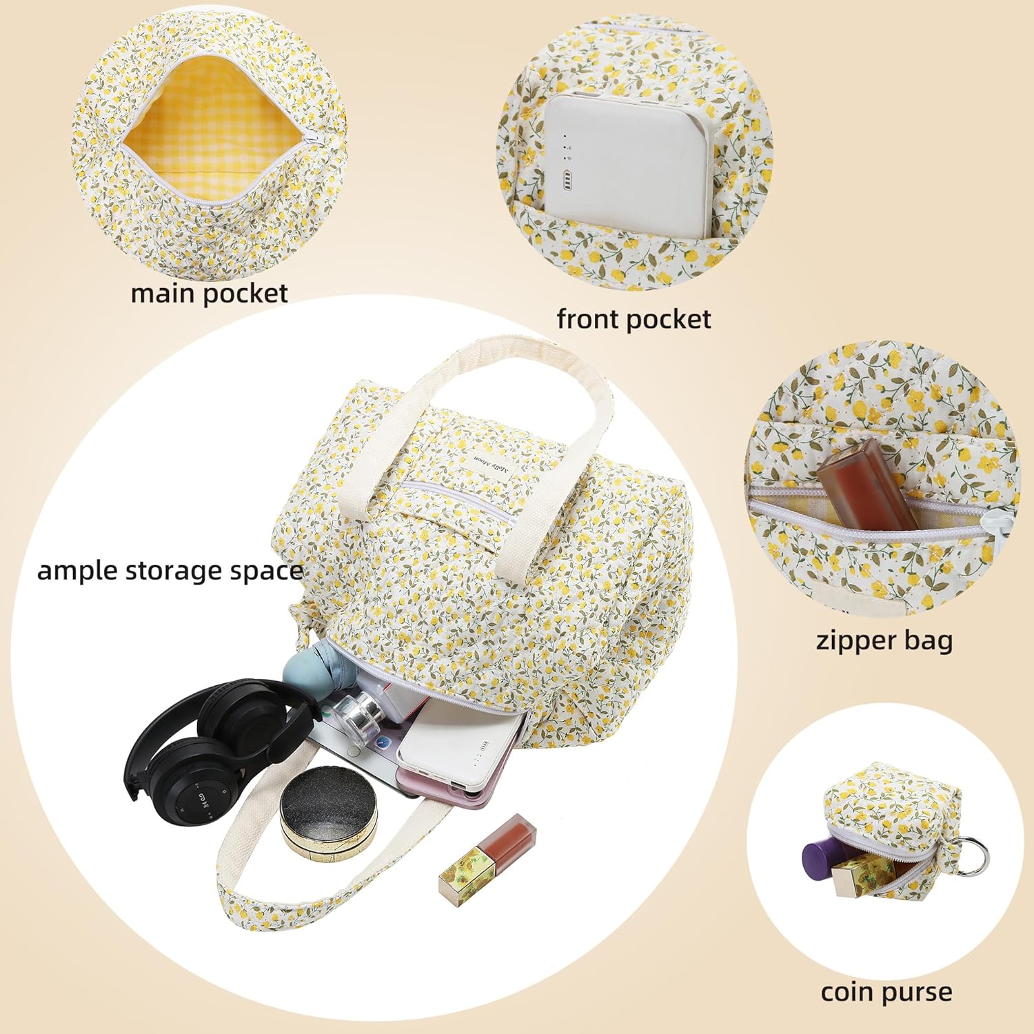 Molly Moon Top Zipper Floral Quilted Duffle Bag for Women, Yellow Quilted Small Floral Tote Bags with Coin Purse, Cute Cotton Shoulder Bag for Travel, Work, School - Image 3