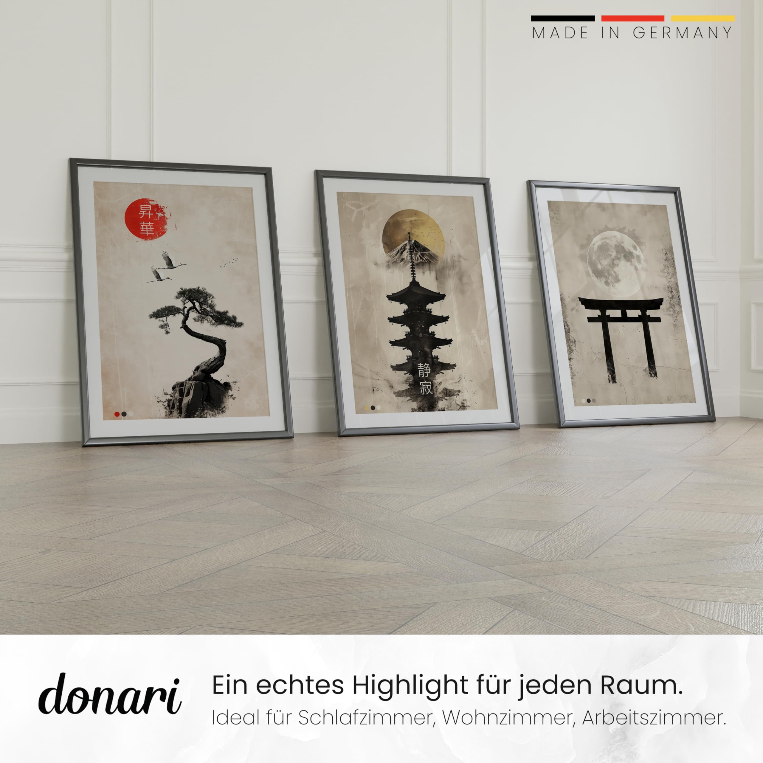 Donari Japan Poster Set – Wandbilder mit asiatischen Motiven | Kyoto, Tokio & traditionelle Kultur | Geschenkidee für Japan-Fans (Set 10, 30x40 cm | Schwarzer Rahmen, Gerahmt)