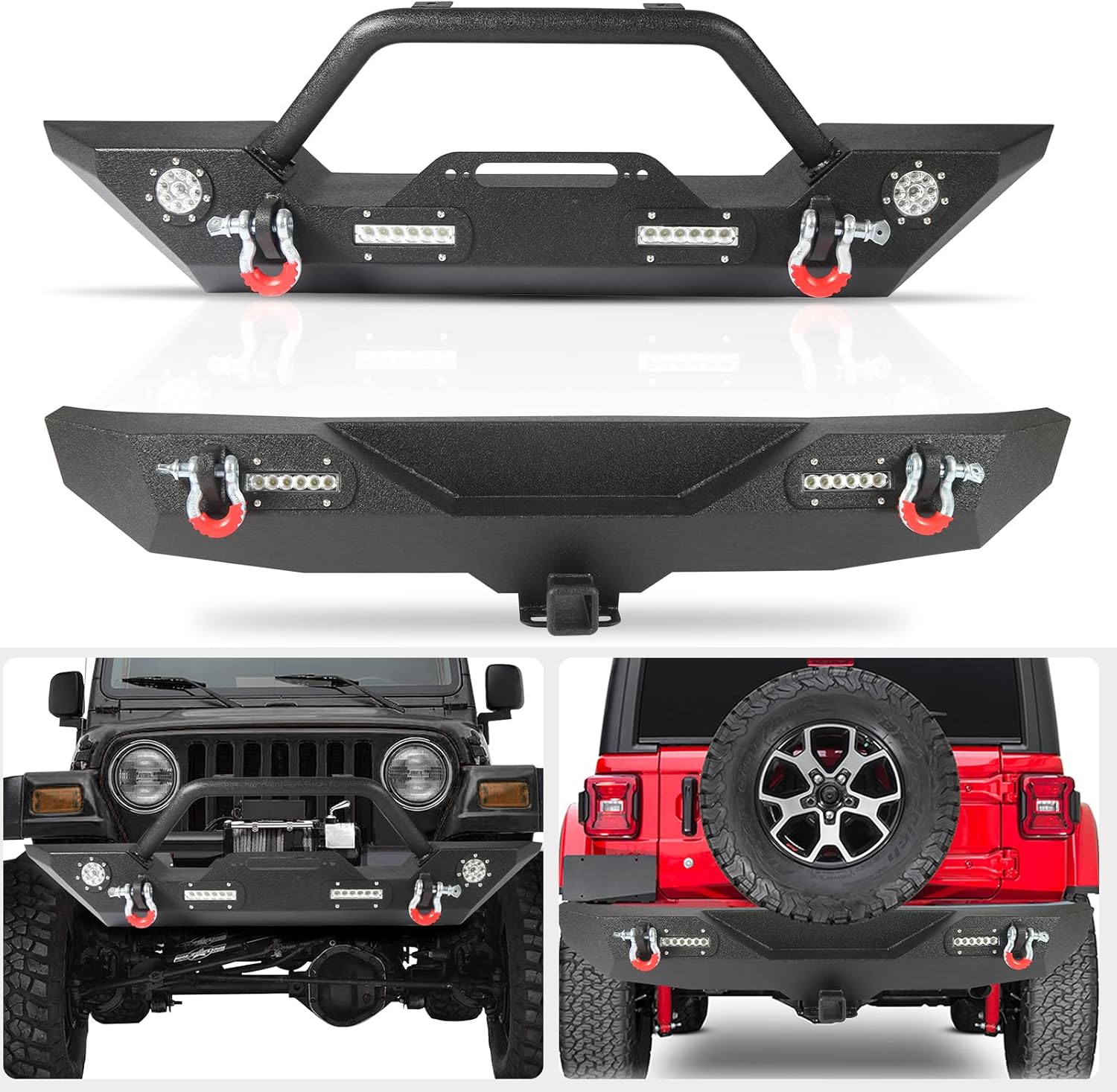 Off Road Front Bumper Fit for Jeep Wrangler JK JL 2007-2025 Steel Bumper fit for Jeep Gladiator JT 2020-2025 Built-in Winch Plate with 2 D-rings 2 Lights Carbon Steel Front Bumper