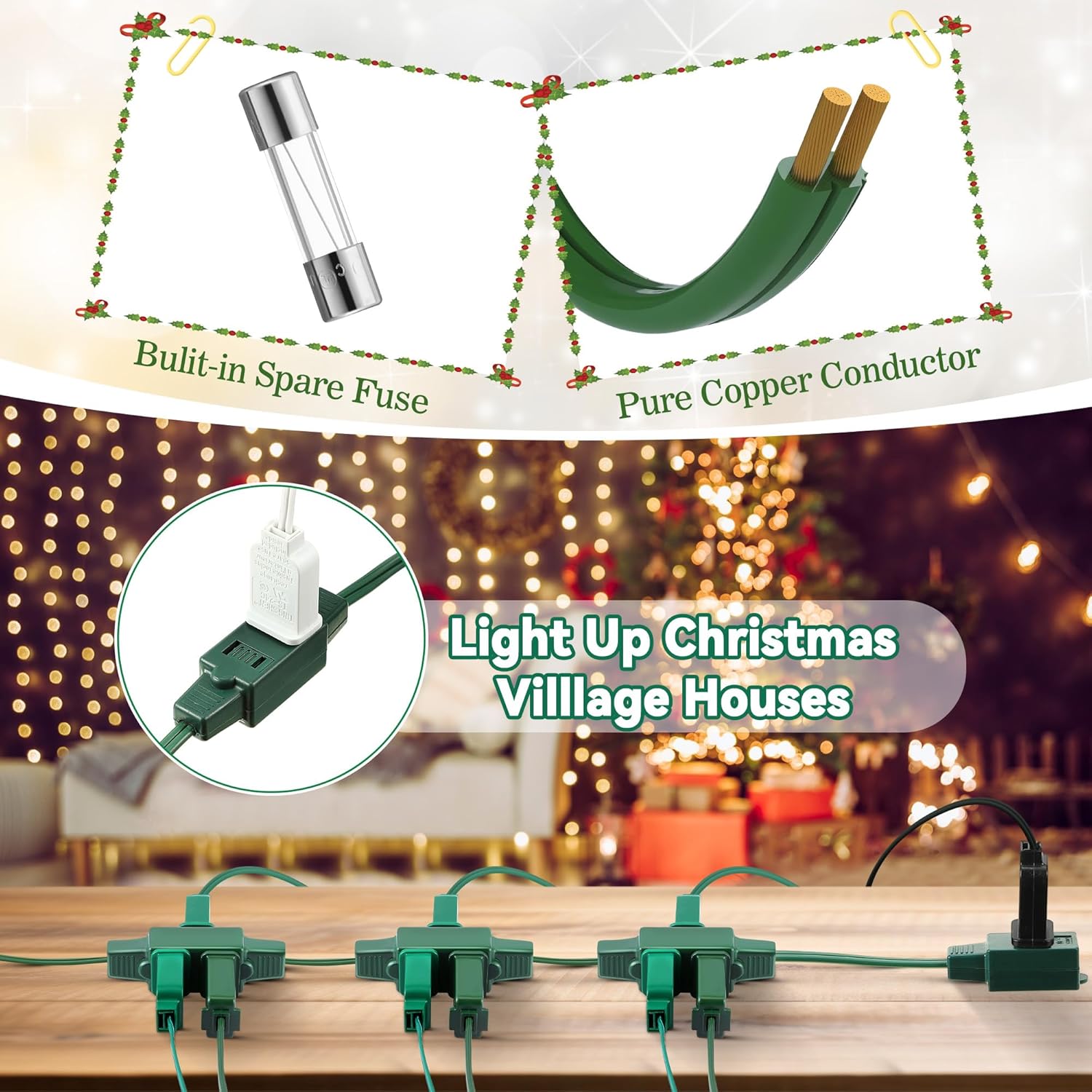 Enhon 1 Pcs 19.7 Ft 12 Outlet Green Christmas Tree Extension Cord with Outlet and Switch, Xmas Tree Lights Extension Cord with Safety Fuse Male Plug for Home Office Christmas Holiday Lights