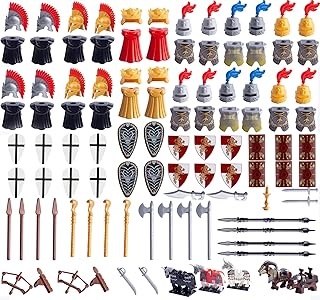 Roman Soldiers Medieval Minifigures Weapon Pack Accessories Kit Including Armor Helmet Shield Horses and war Chariot Designed for Minifigures Compatible with Minifigures of All Major Brands