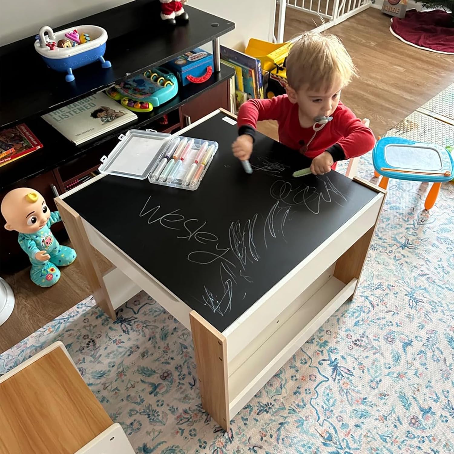 Asweets Ensemble Table et Chaises pour Enfants, Bureau 4 en 1 avec Tiroir De Rangement, Table d'Activités en Bois pour Plateau Amovible 2 en 1, avec Bibliothèque