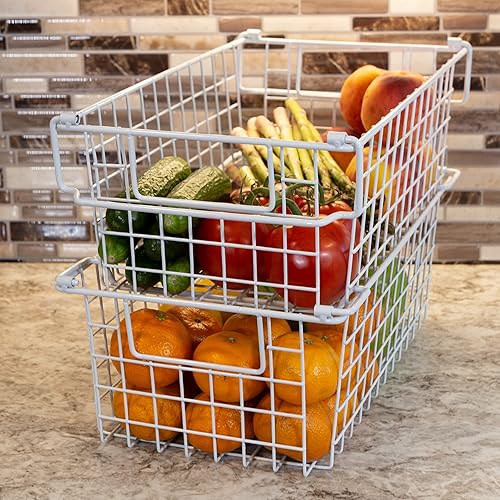 Miniatura 6 de Home-Complete 2 cestas de alambre apilables medianas de 16 x 9 pulgadas, organizadores apilables para estantes, despensa, cocina, armarios, también