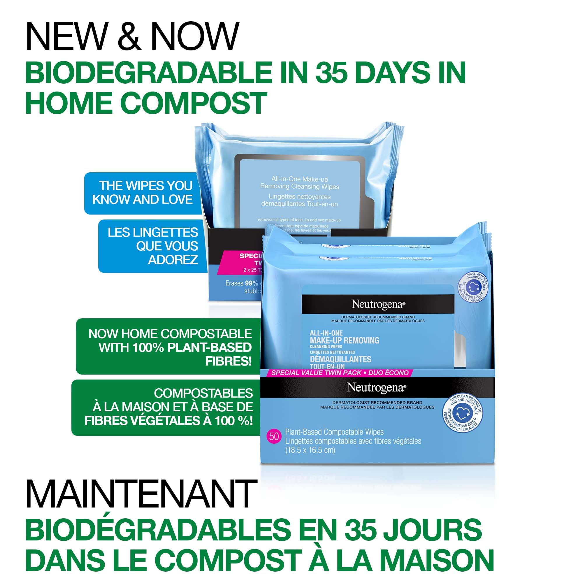 Neutrogena All-in-One Makeup Removing Cleansing Wipes - Gentle Cleansing Towelettes Remove Make-up & Waterproof Mascara - Plant-Based, Alcohol-Free Formula for Sensitive Eye Area - Value Twin Pack, 50 Count - 3